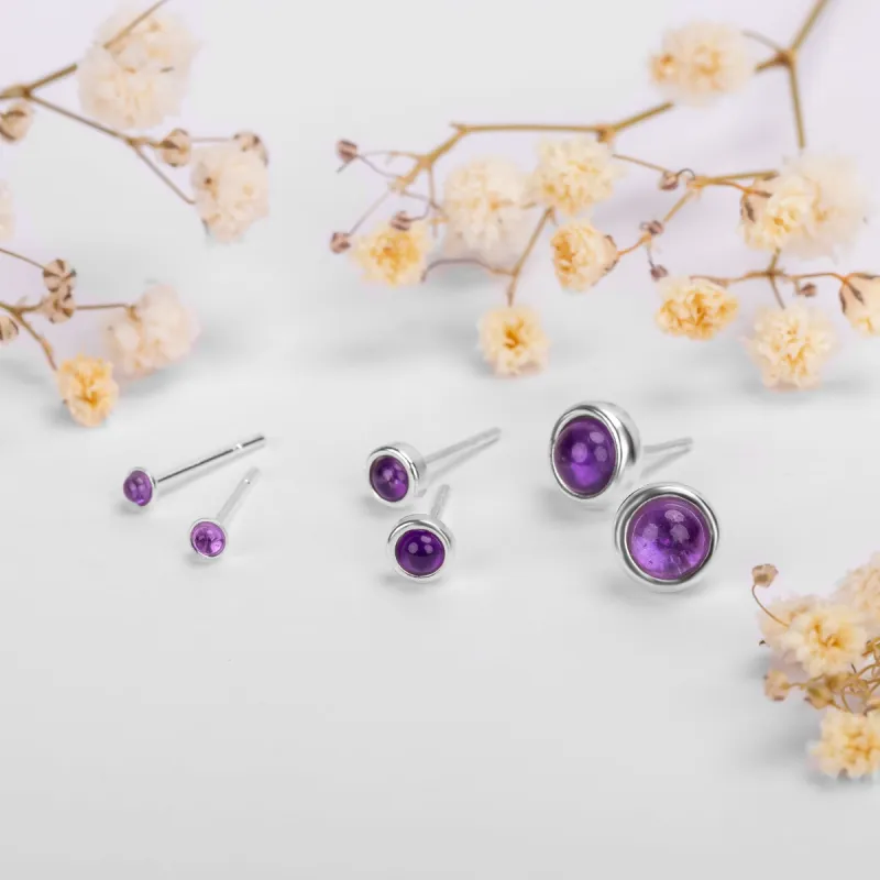 Silver & Amethyst Round Stud Earrings Set of 3 sold by Henryka