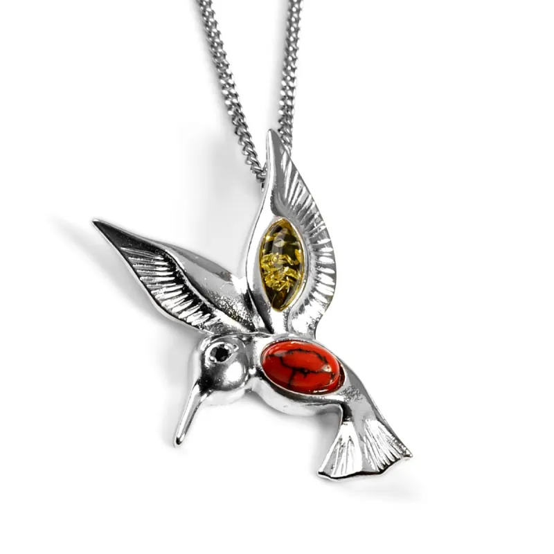 Hovering Hummingbird Necklace in Silver, Green Amber and Coral sold by Henryka