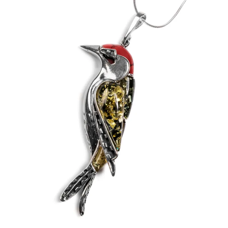 Large Woodpecker Bird Necklace in Silver, Coral and Amber sold by Henryka