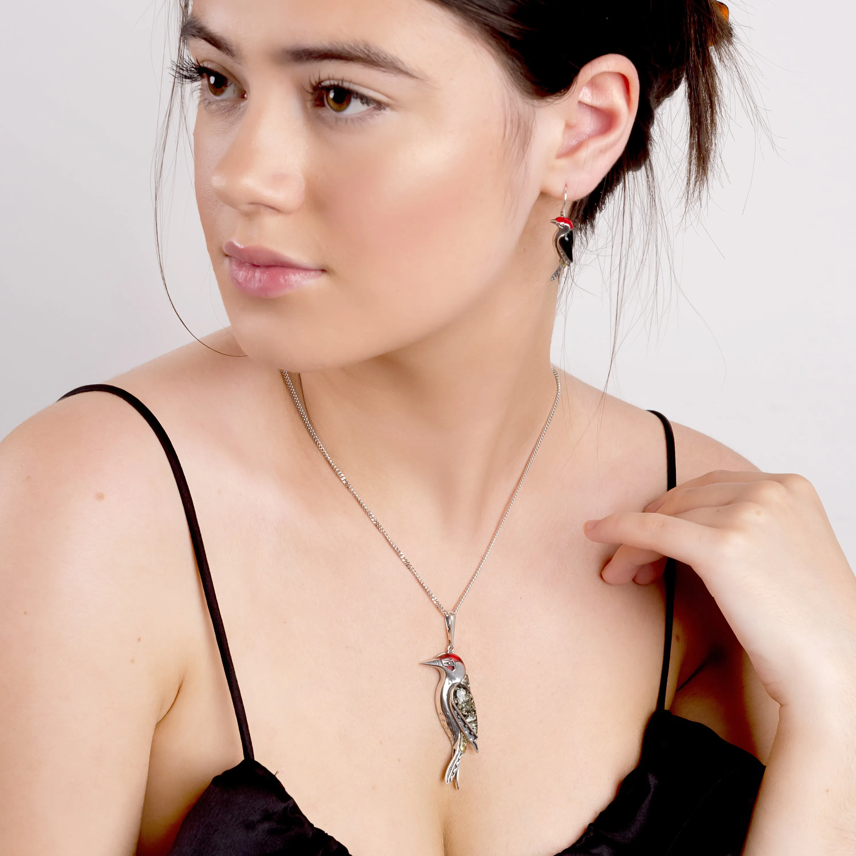 Large Woodpecker Bird Necklace in Silver, Coral and Amber sold by Henryka product image thumbnail 2