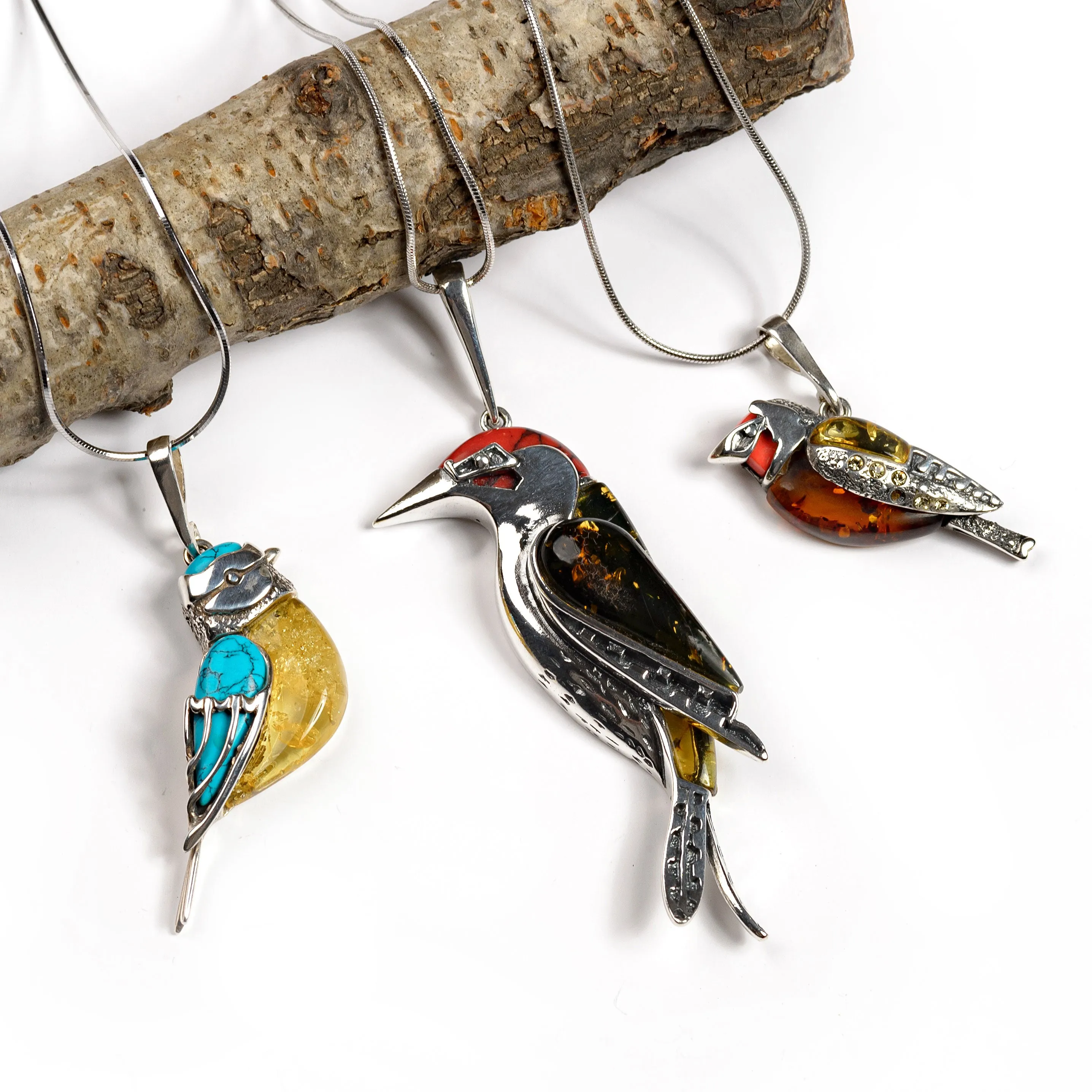 Large Woodpecker Bird Necklace in Silver, Coral and Amber sold by Henryka product image thumbnail 5