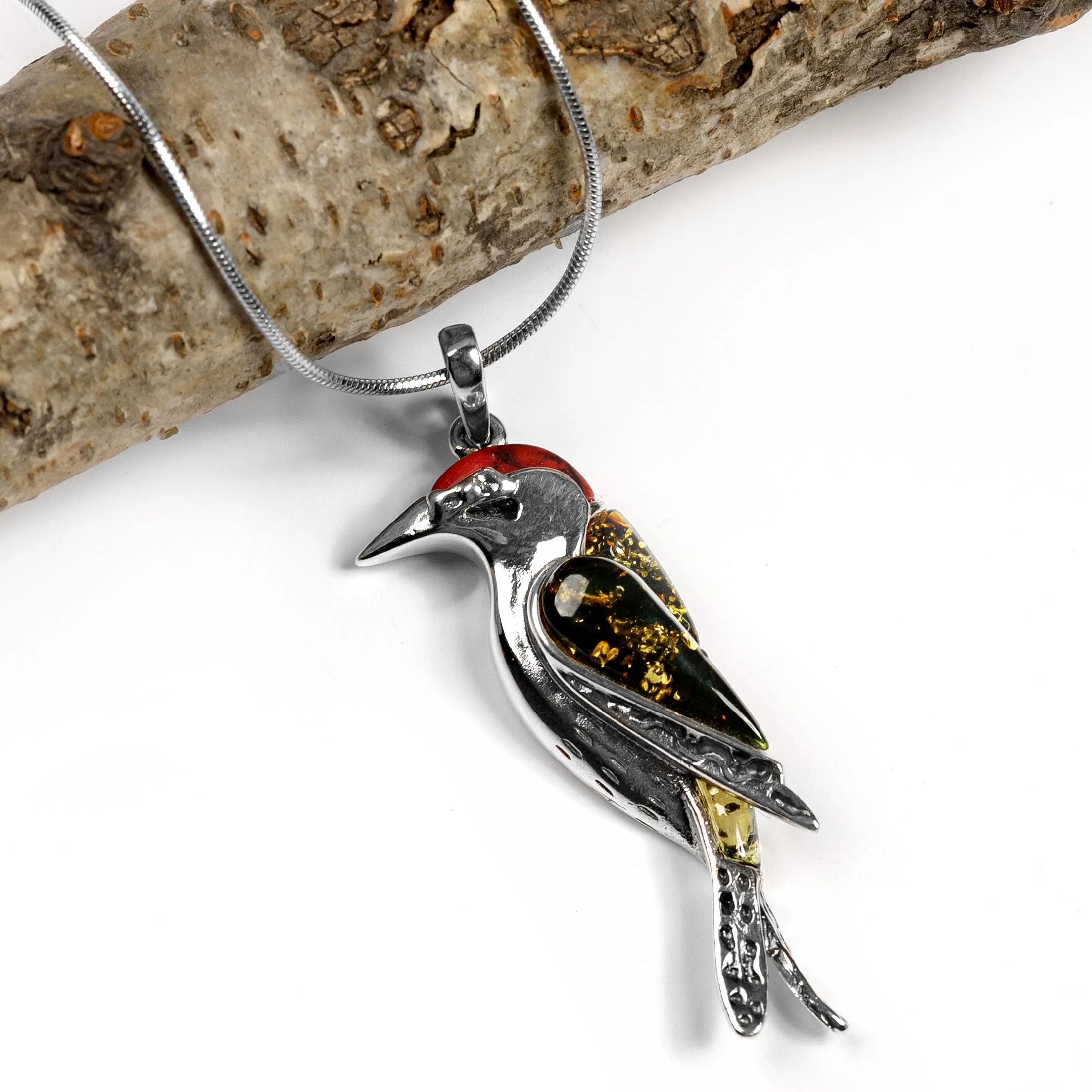 Large Woodpecker Bird Necklace in Silver, Coral and Amber sold by Henryka product image thumbnail 4