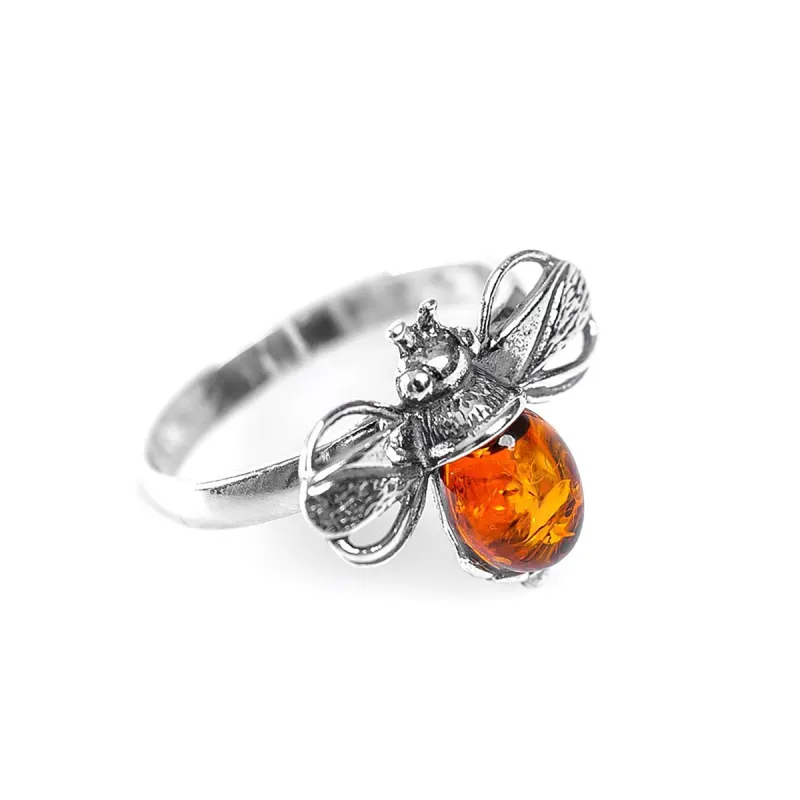 Bumble Bee Ring in Silver and Cognac Amber sold by Henryka