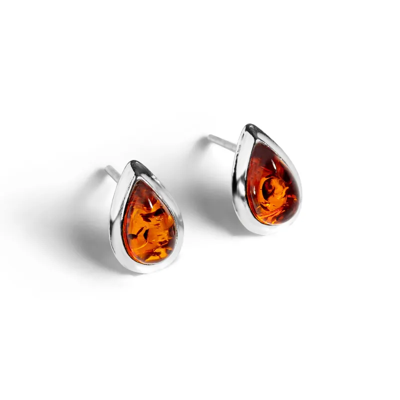 Classic Teardrop Stud Earrings in Silver and Cognac Amber sold by Henryka