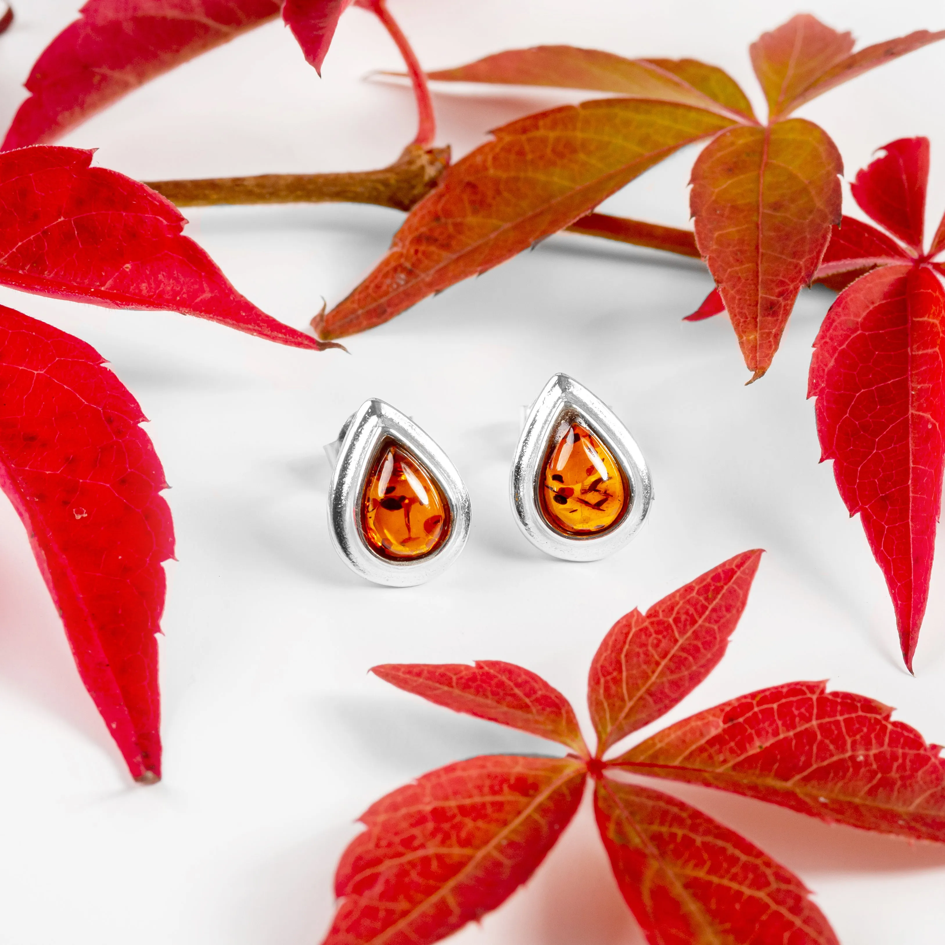 Classic Teardrop Stud Earrings in Silver and Cognac Amber sold by Henryka product image thumbnail 3