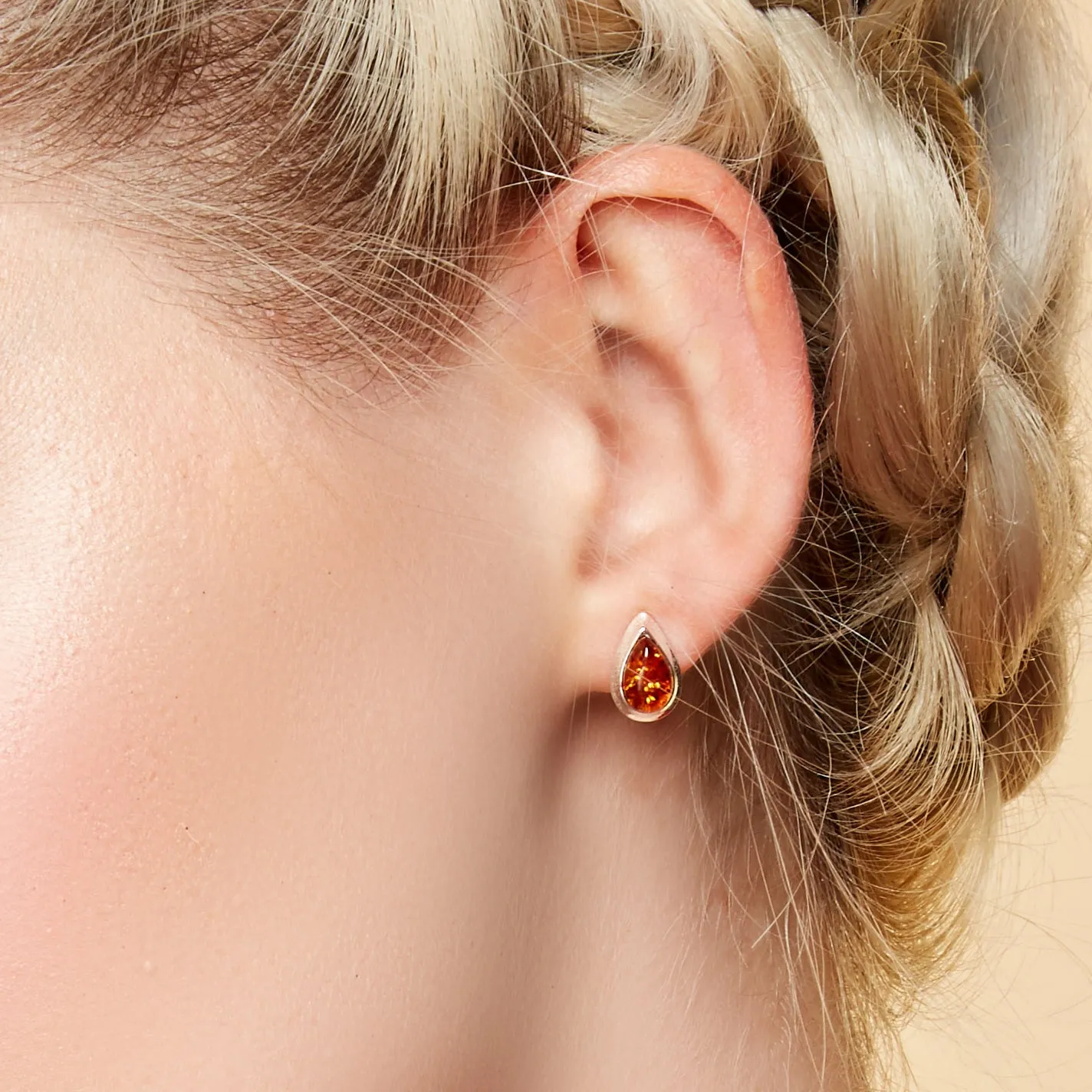 Classic Teardrop Stud Earrings in Silver and Cognac Amber sold by Henryka product image thumbnail 2