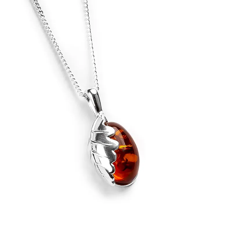 Oak Leaf Necklace Crafted in Silver and Amber sold by Henryka