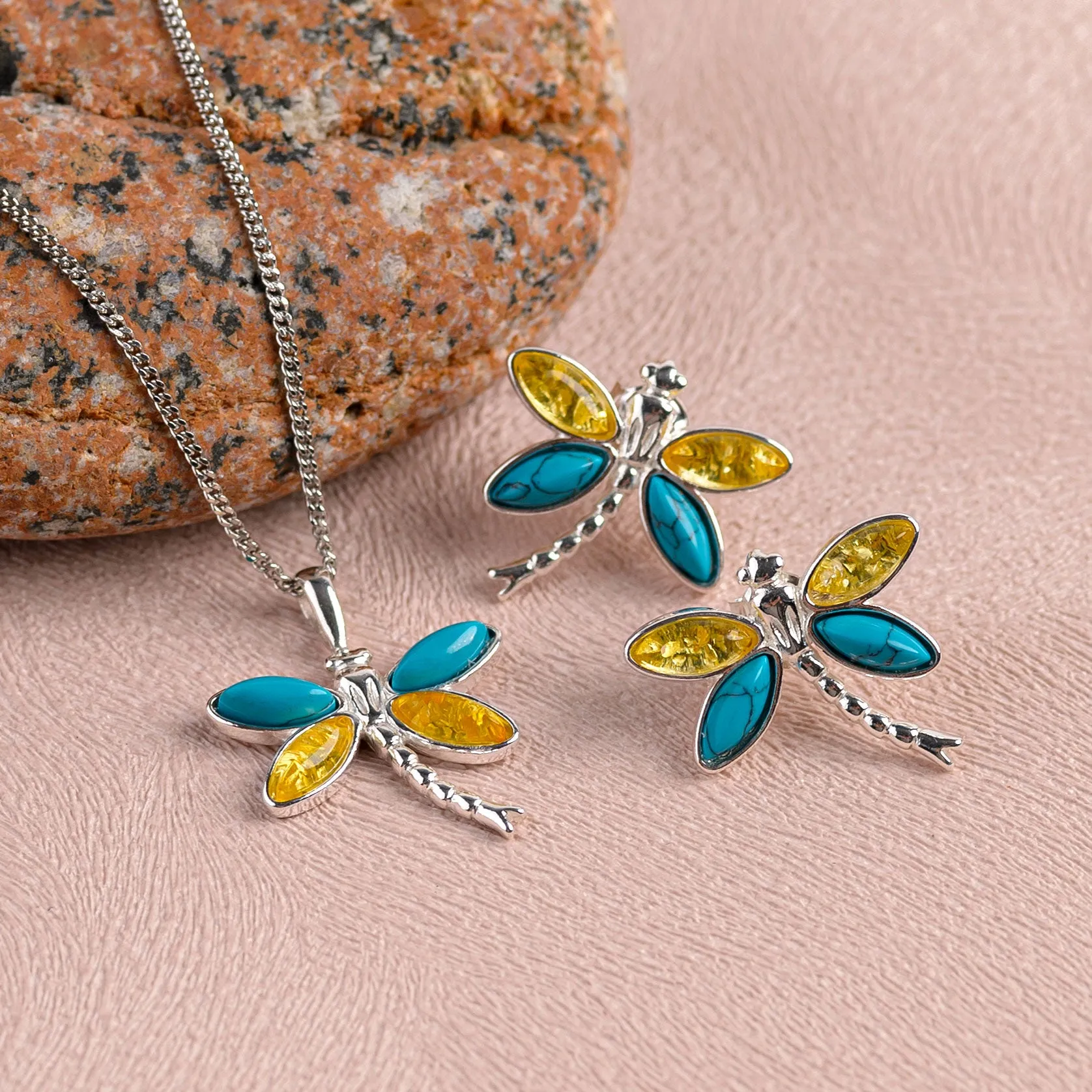 Pointed Dragonfly Necklace in Silver, Turquoise and Yellow Amber sold by Henryka product image thumbnail 5