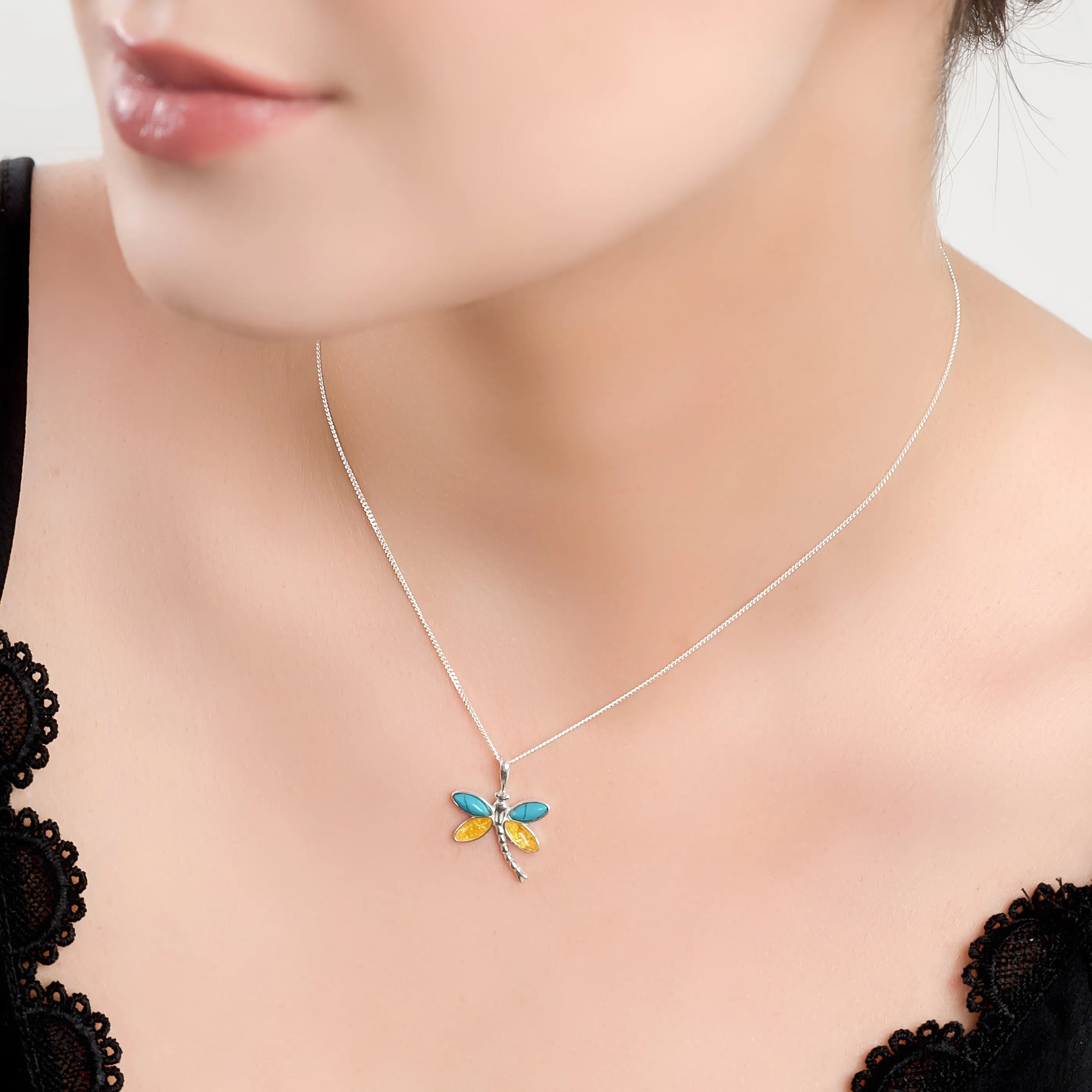 Pointed Dragonfly Necklace in Silver, Turquoise and Yellow Amber sold by Henryka product image thumbnail 2