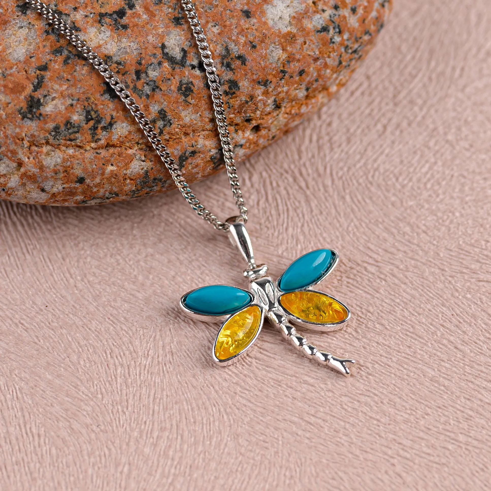 Pointed Dragonfly Necklace in Silver, Turquoise and Yellow Amber sold by Henryka product image thumbnail 4
