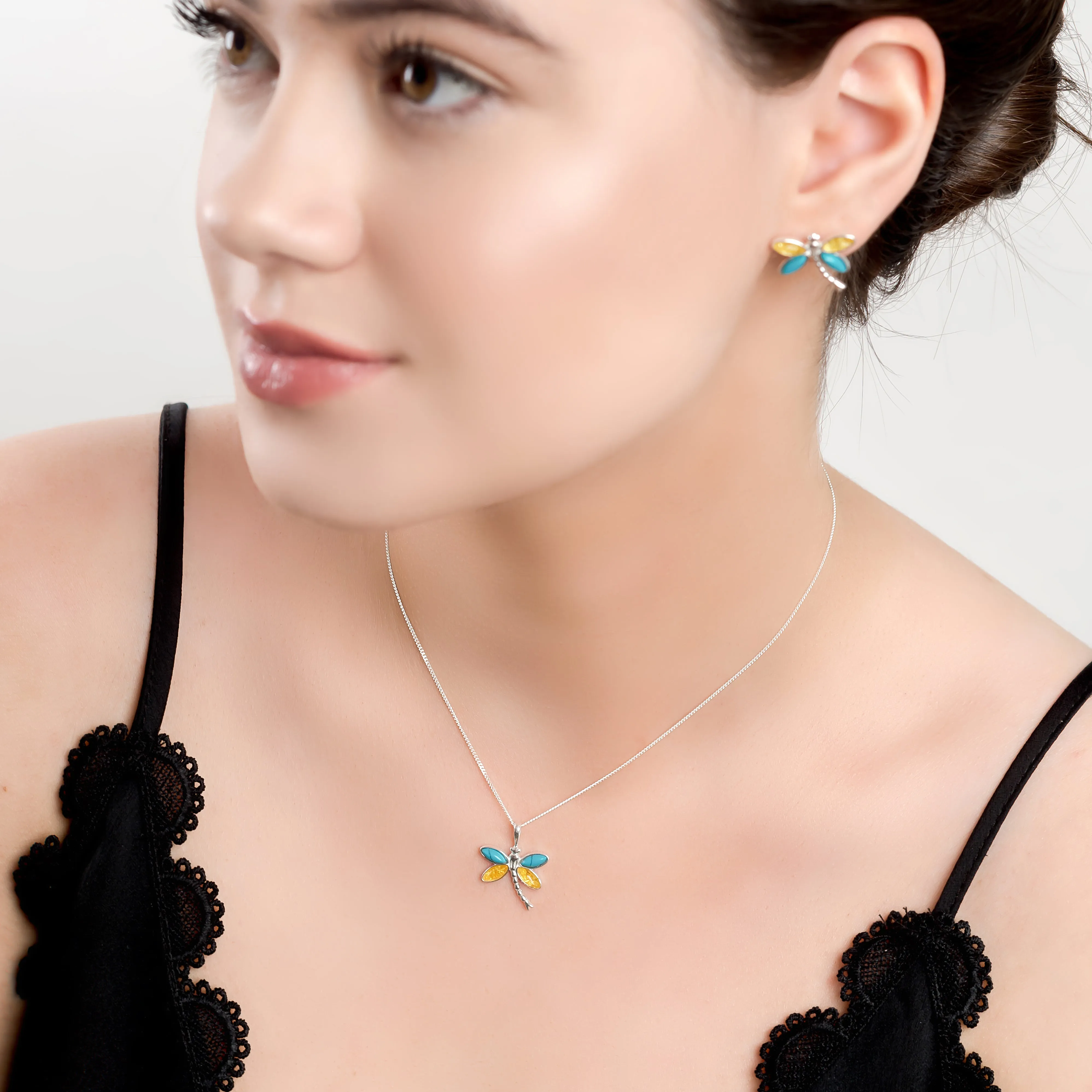 Pointed Dragonfly Necklace in Silver, Turquoise and Yellow Amber sold by Henryka product image thumbnail 3
