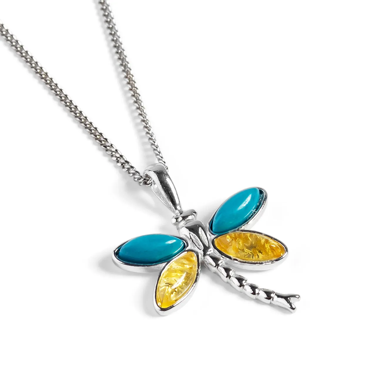 Pointed Dragonfly Necklace in Silver, Turquoise and Yellow Amber sold by Henryka