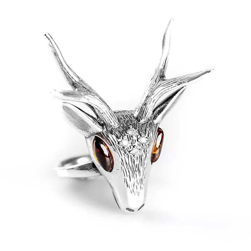 Large Stag Head Ring in Silver and Amber sold by Henryka
