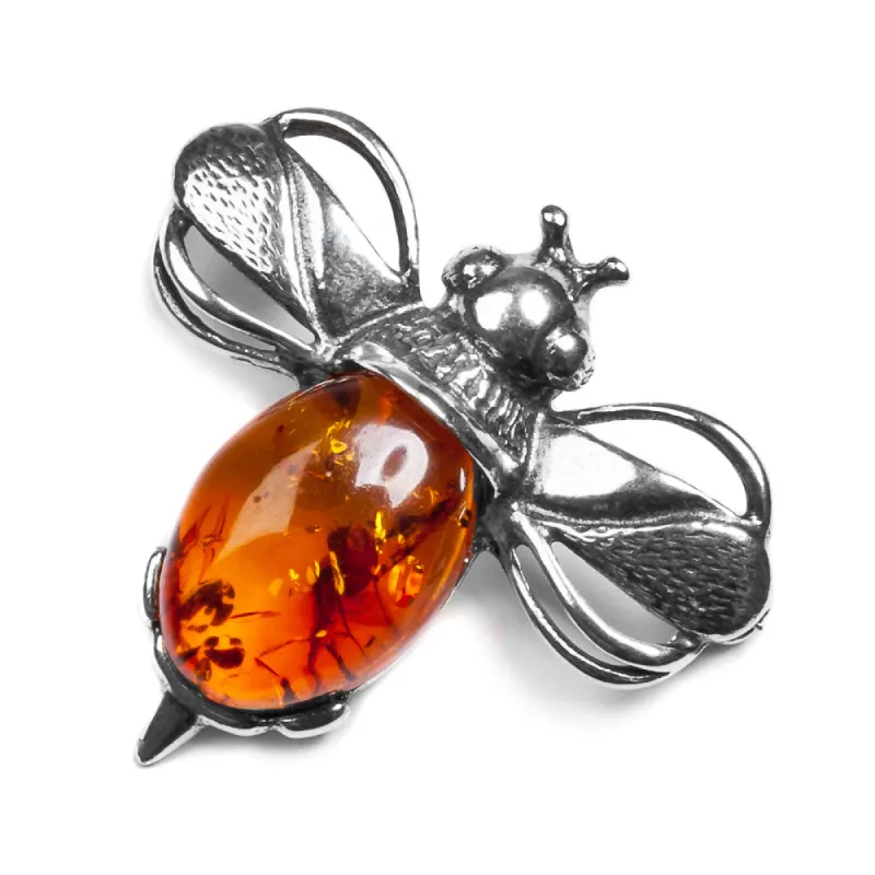 Bumble Bee / Bumblebee Brooch in Silver and Cognac Amber sold by Henryka