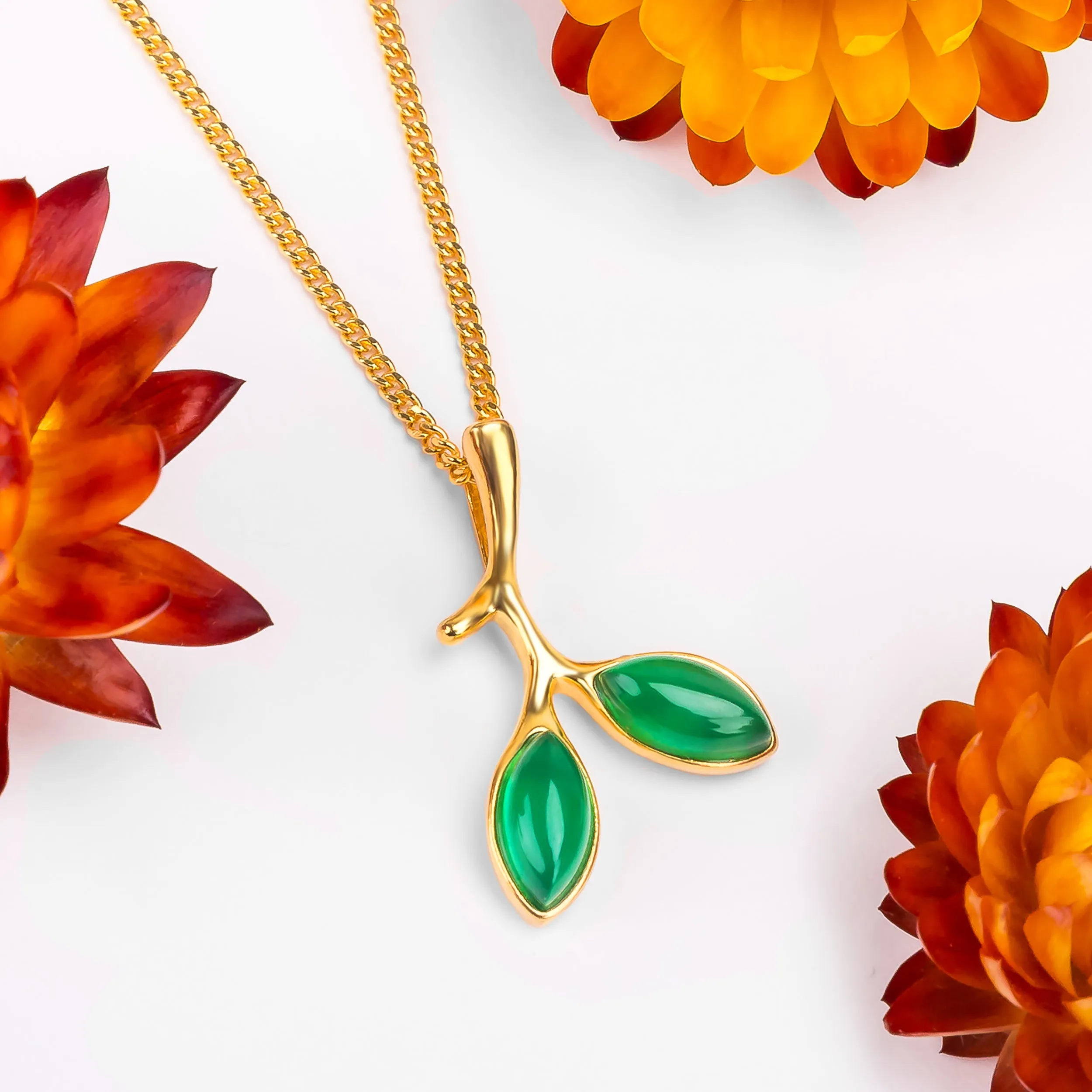 Simple Olive Leaf Branch Necklace in Silver with 24ct Gold & Green Onyx sold by Henryka product image thumbnail 4