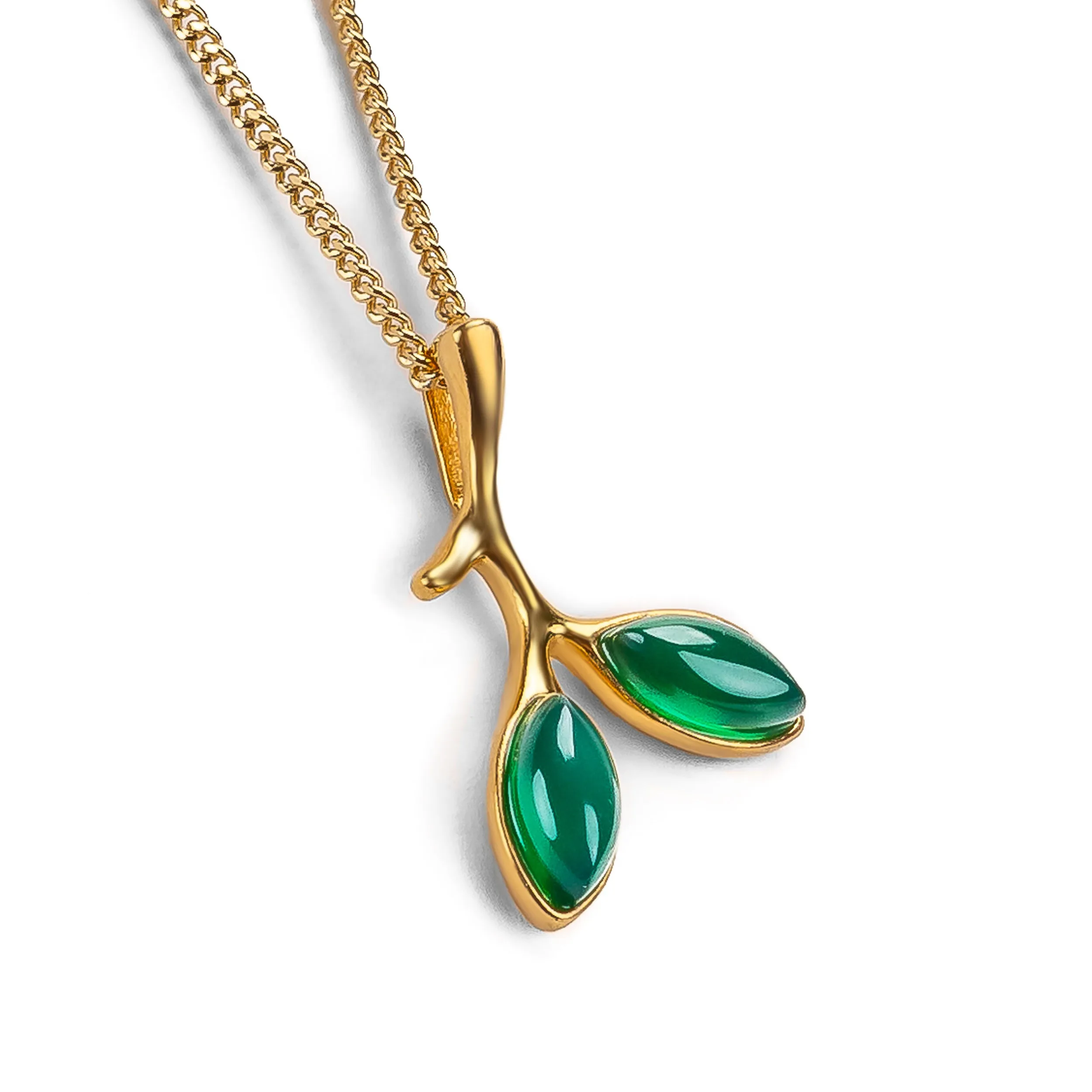 Simple Olive Leaf Branch Necklace in Silver with 24ct Gold & Green Onyx sold by Henryka