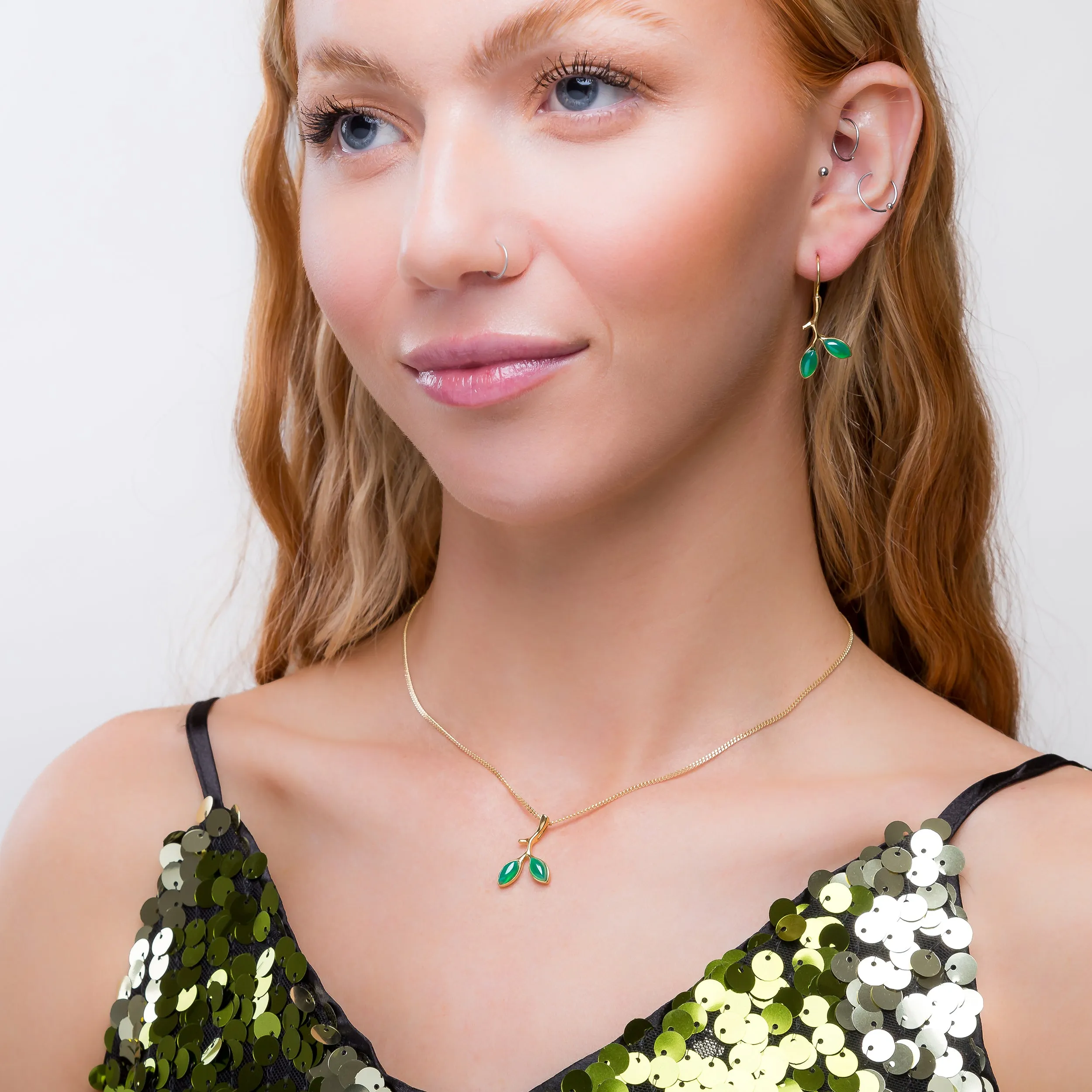 Simple Olive Leaf Branch Necklace in Silver with 24ct Gold & Green Onyx sold by Henryka product image thumbnail 3
