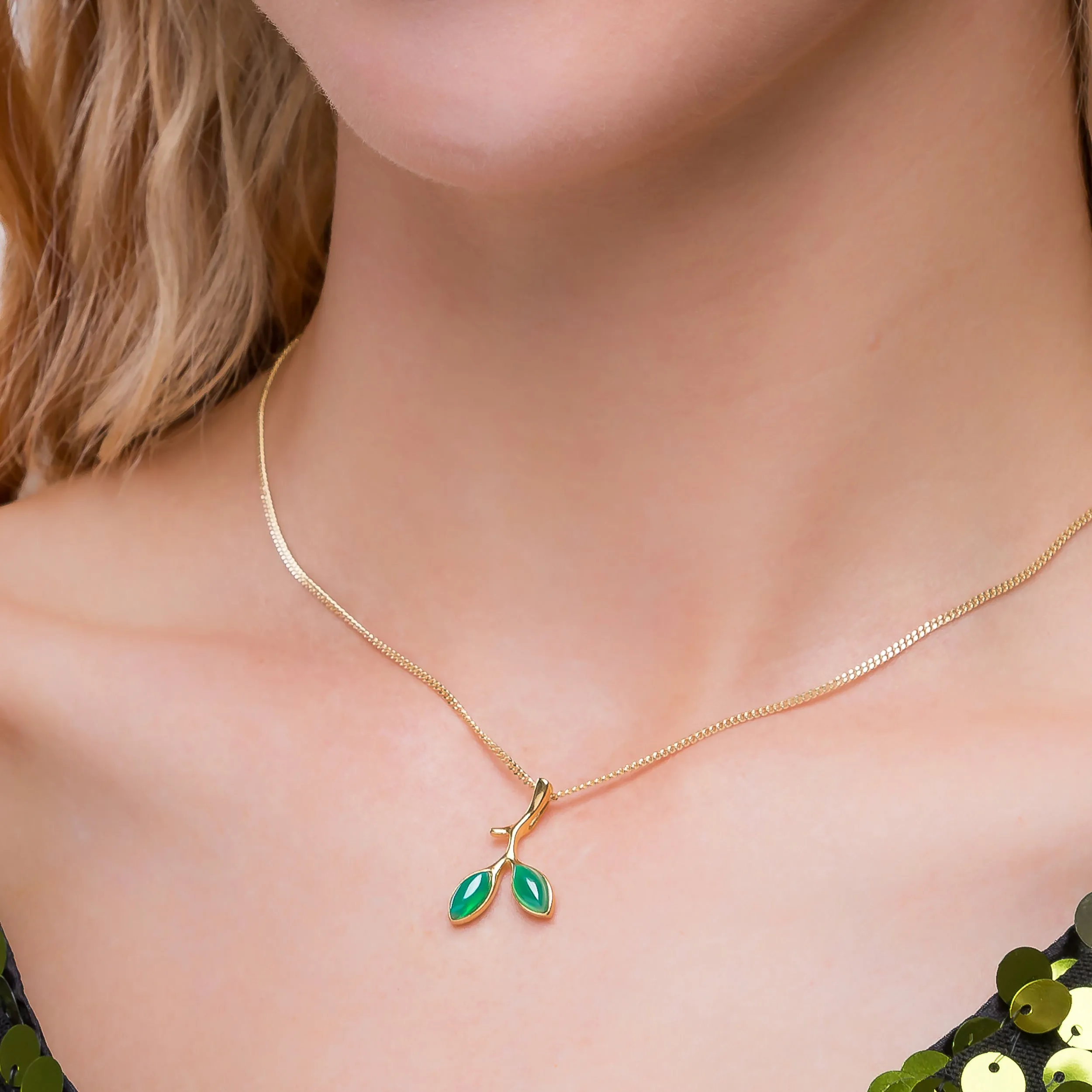 Simple Olive Leaf Branch Necklace in Silver with 24ct Gold & Green Onyx sold by Henryka product image thumbnail 2