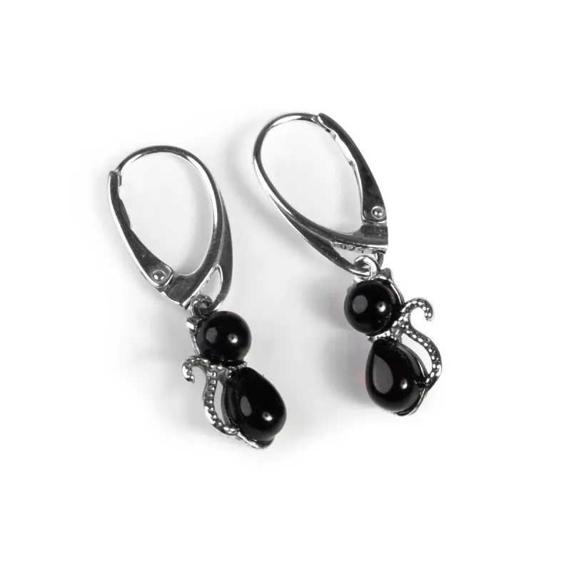 Cute Cat Drop Earrings in Silver and Cherry Amber sold by Henryka