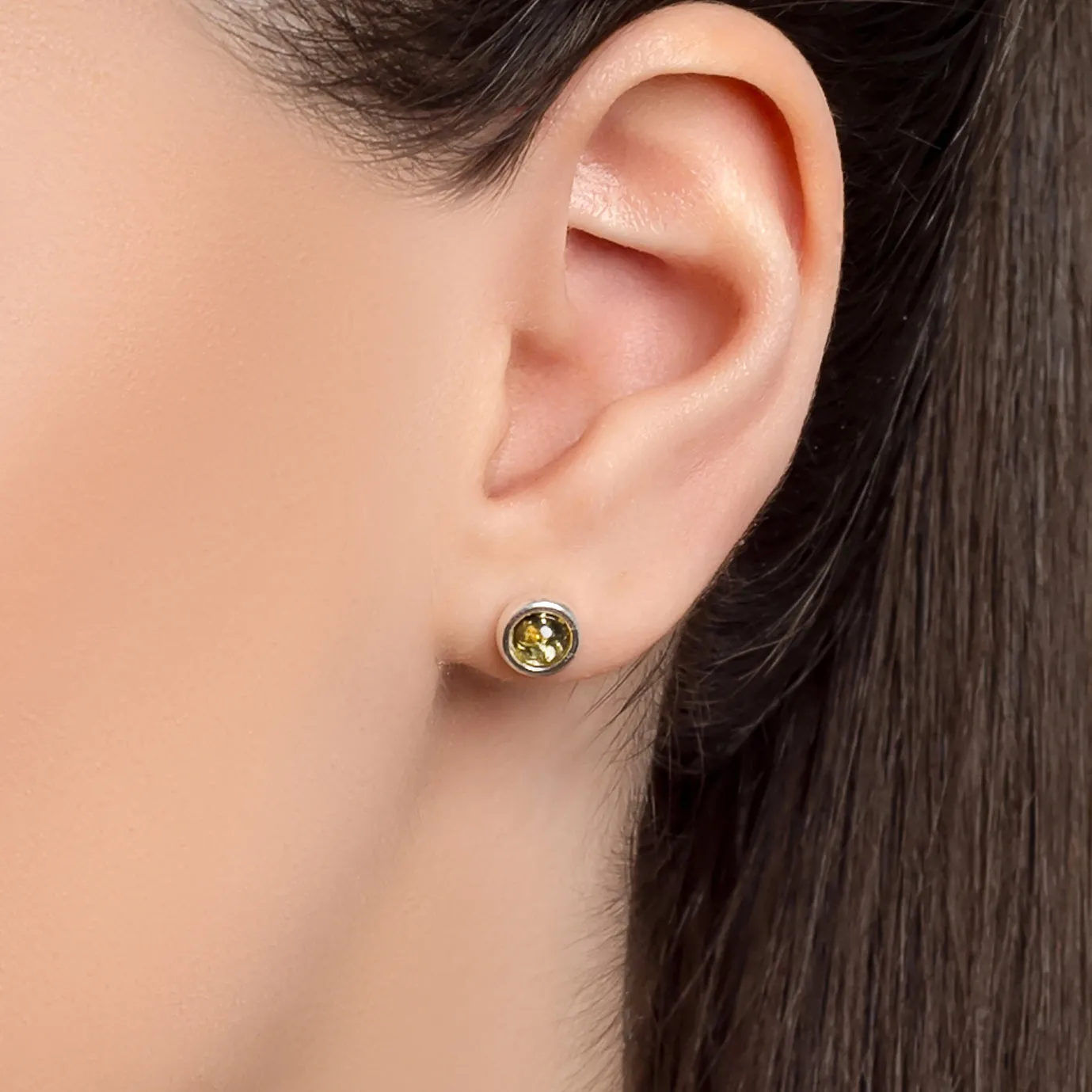 Small Round Stud Earrings in Silver and Green Amber sold by Henryka product image thumbnail 2
