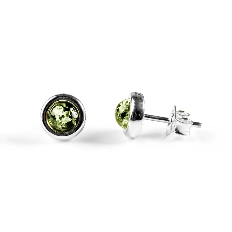 Small Round Stud Earrings in Silver and Green Amber sold by Henryka
