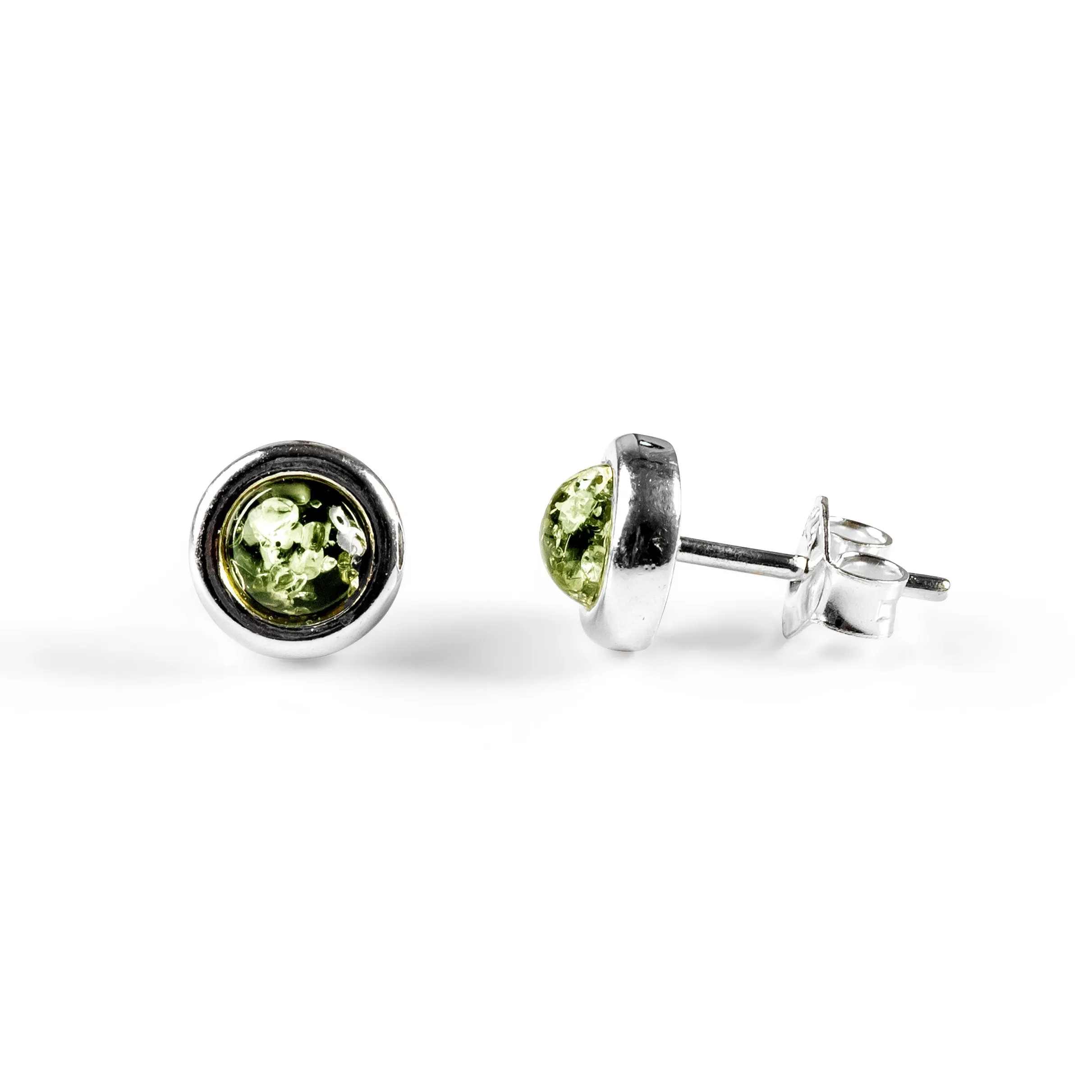 Small Round Stud Earrings in Silver and Green Amber sold by Henryka
