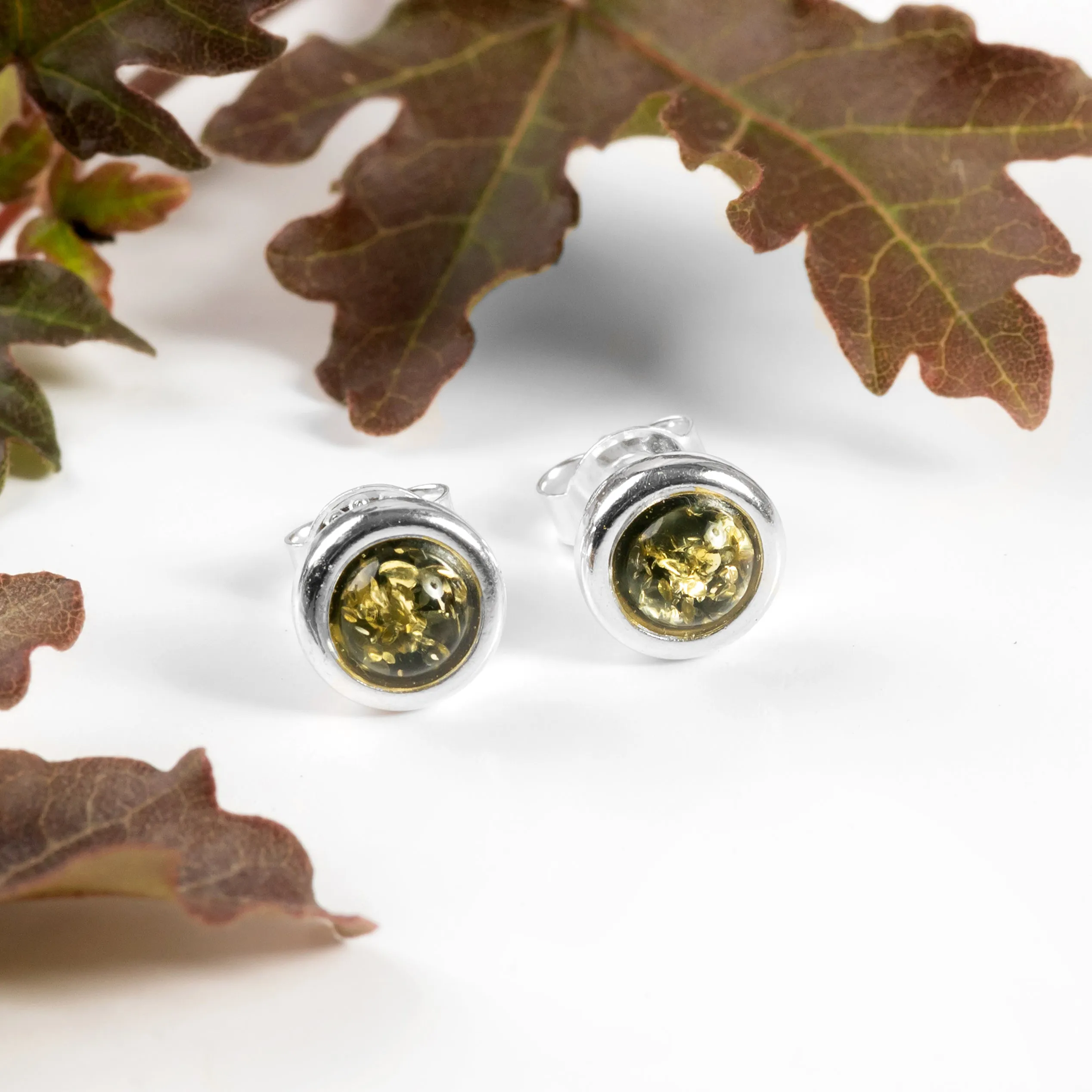 Small Round Stud Earrings in Silver and Green Amber sold by Henryka product image thumbnail 4