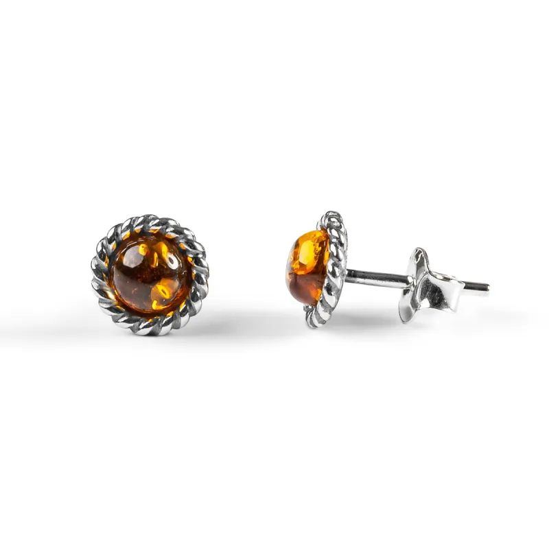 Rope Edge Stud Earrings in Silver and Cognac Amber sold by Henryka