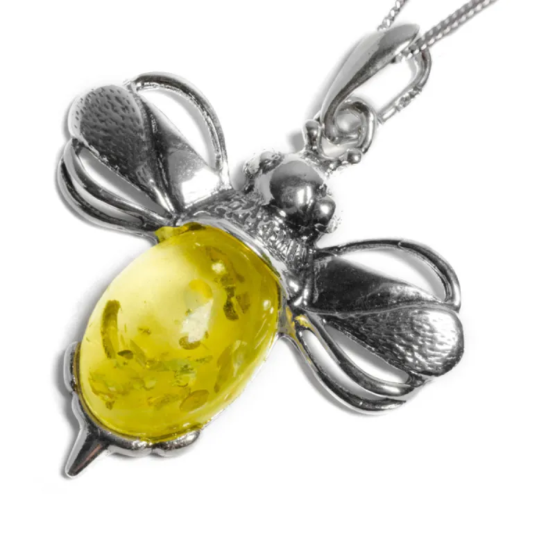 Large Bumble Bee Necklace in Silver and Yellow Amber sold by Henryka