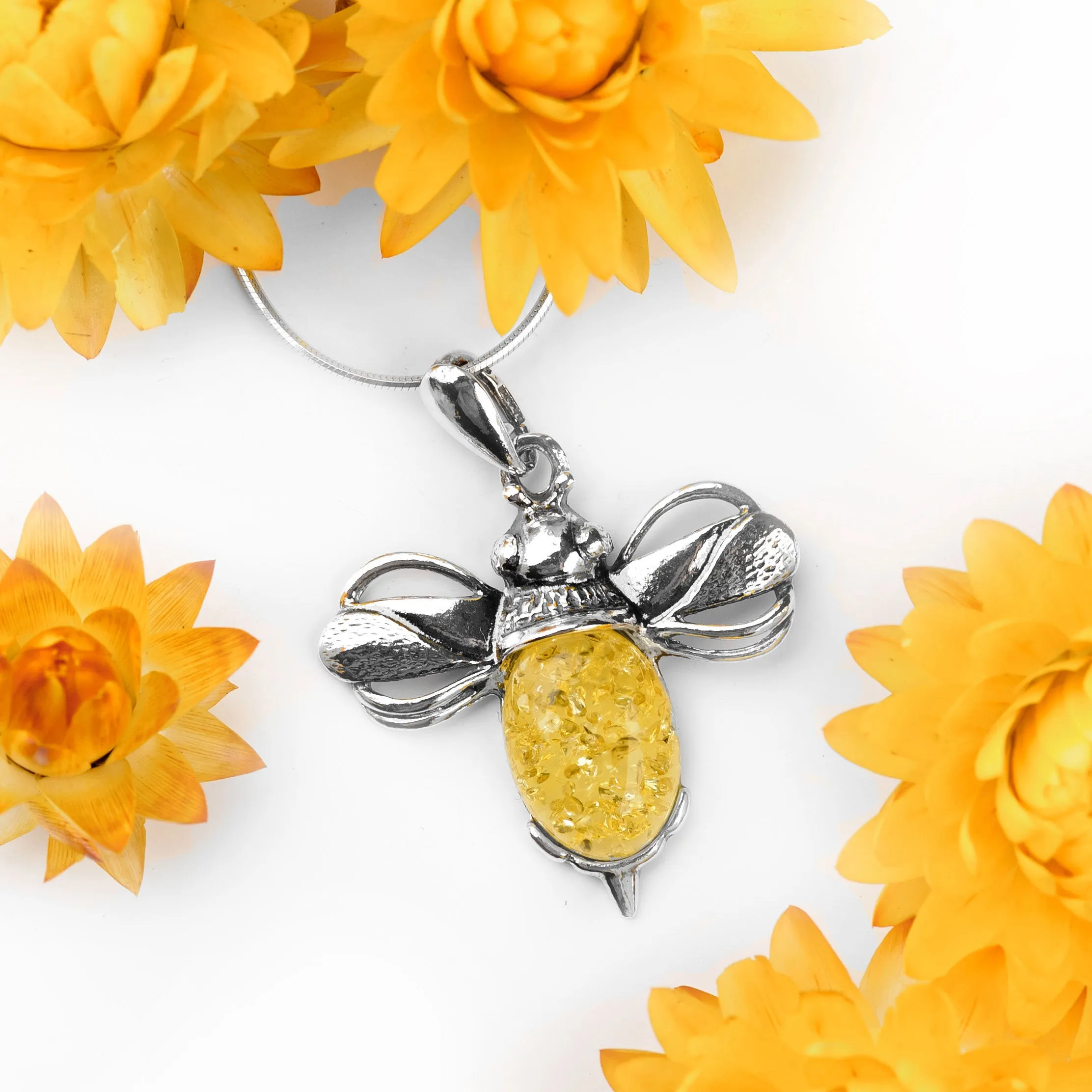 Large Bumble Bee Necklace in Silver and Yellow Amber sold by Henryka product image thumbnail 4