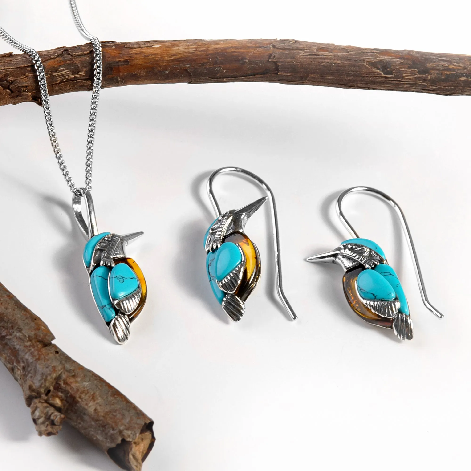 Miniature Kingfisher Necklace & Hook Earrings Set sold by Henryka