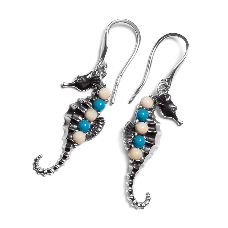 Seahorse Drop Earrings in Silver, Milky Amber and Turquoise sold by Henryka
