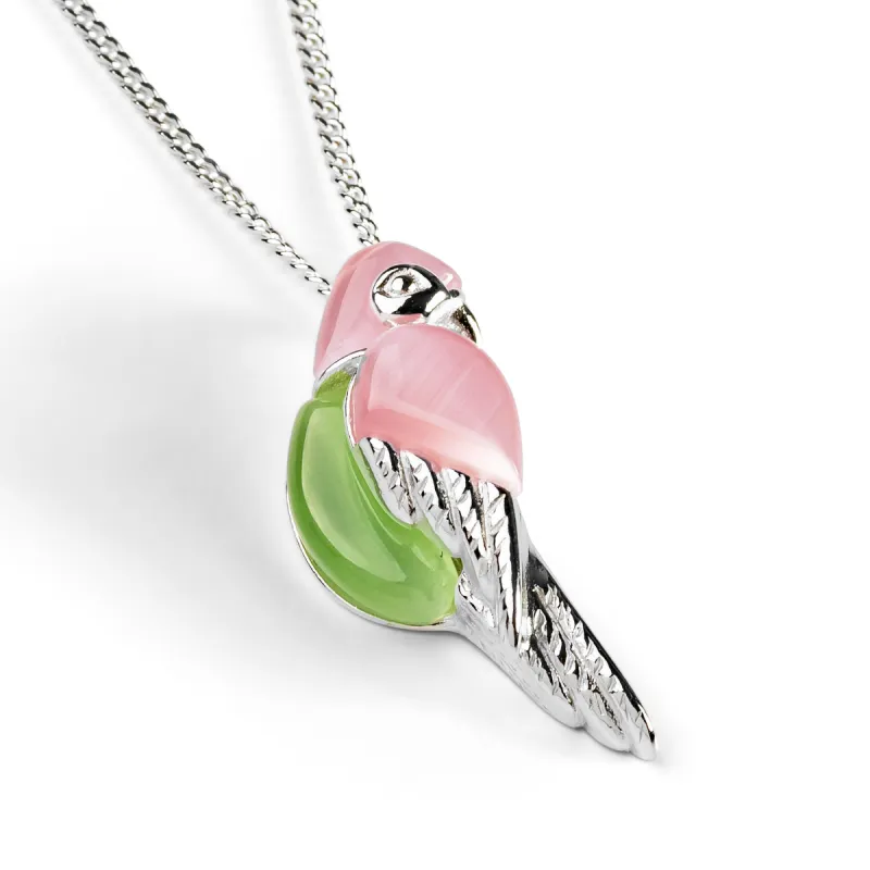 Tropical Pink and Green Parrot Necklace in Silver sold by Henryka