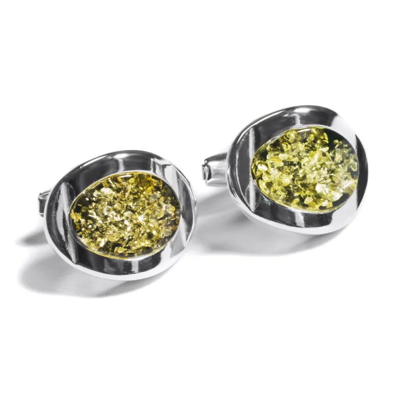 Chunky Oval Centre Cufflinks in Silver and Green Amber sold by Henryka