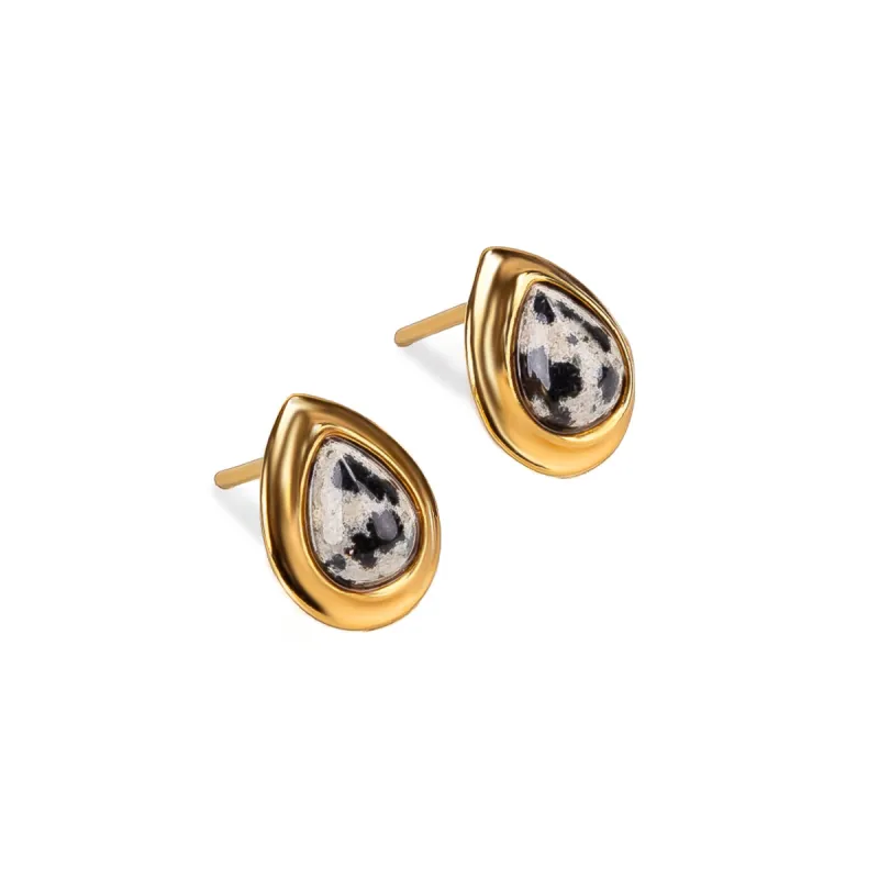 Classic Teardrop Stud Earrings in Silver with 24ct Gold & Dalmatian Jasper sold by Henryka