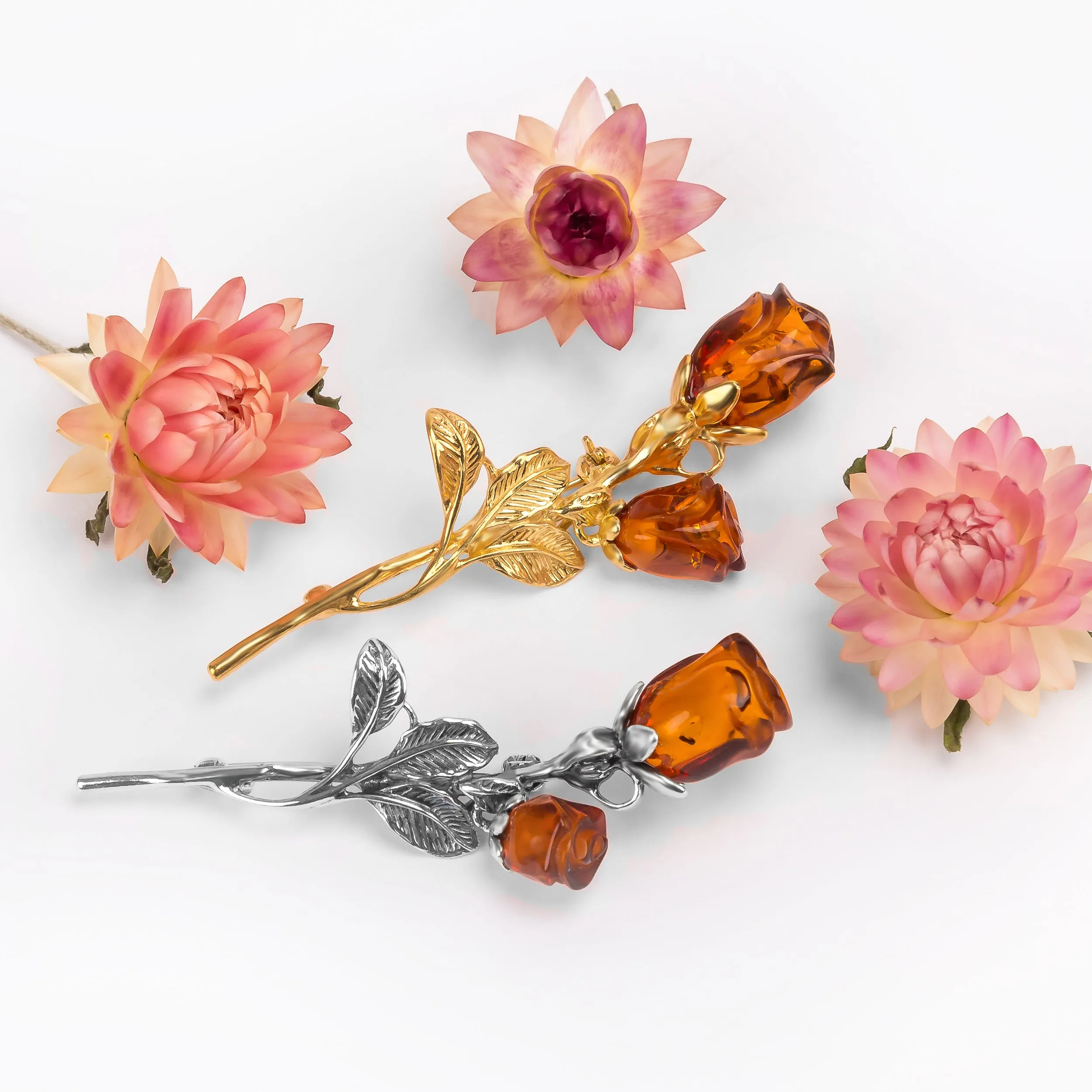 Romantic English Rose Flower Brooch in Silver with 24ct Gold and Cognac Amber sold by Henryka product image thumbnail 3