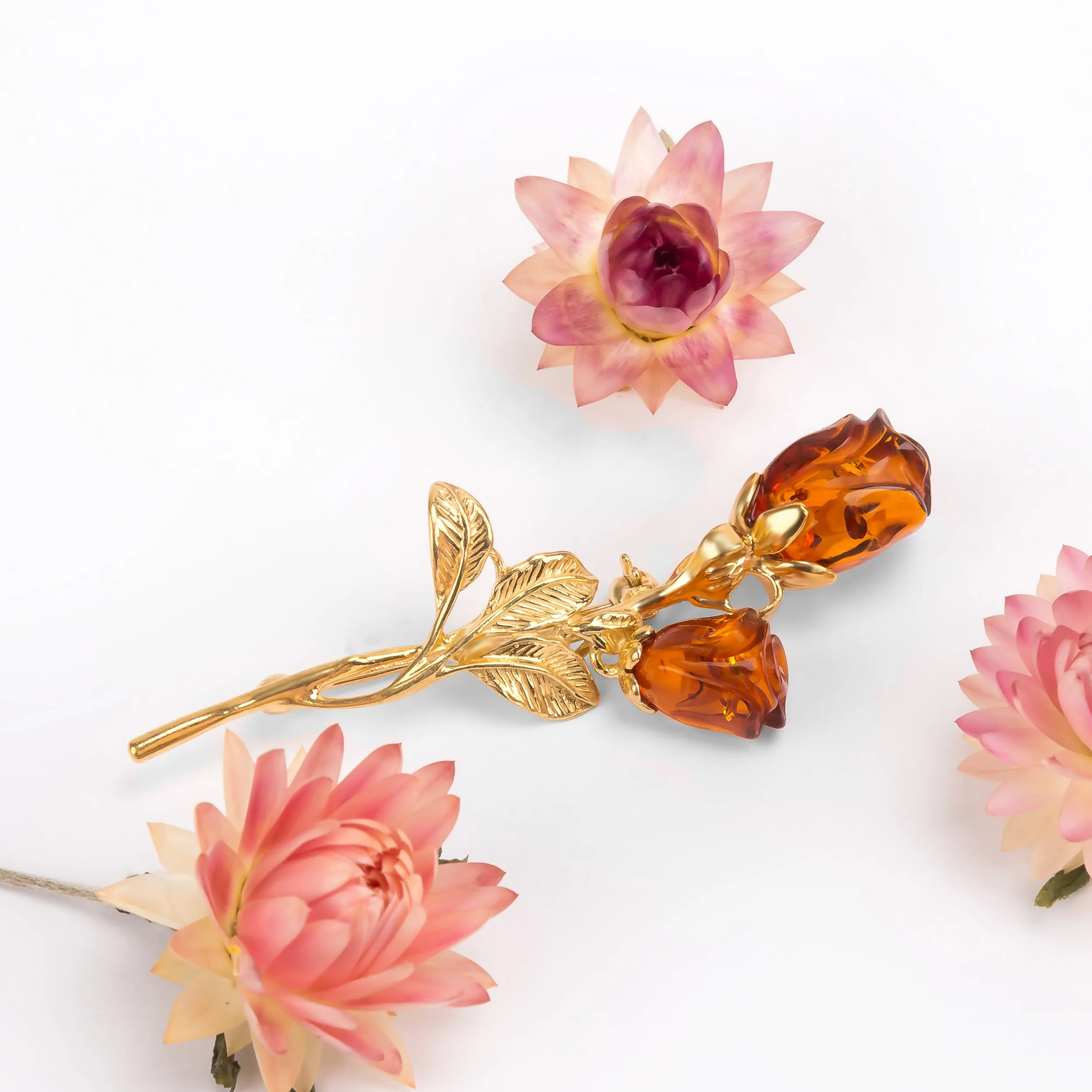 Romantic English Rose Flower Brooch in Silver with 24ct Gold and Cognac Amber sold by Henryka product image thumbnail 2