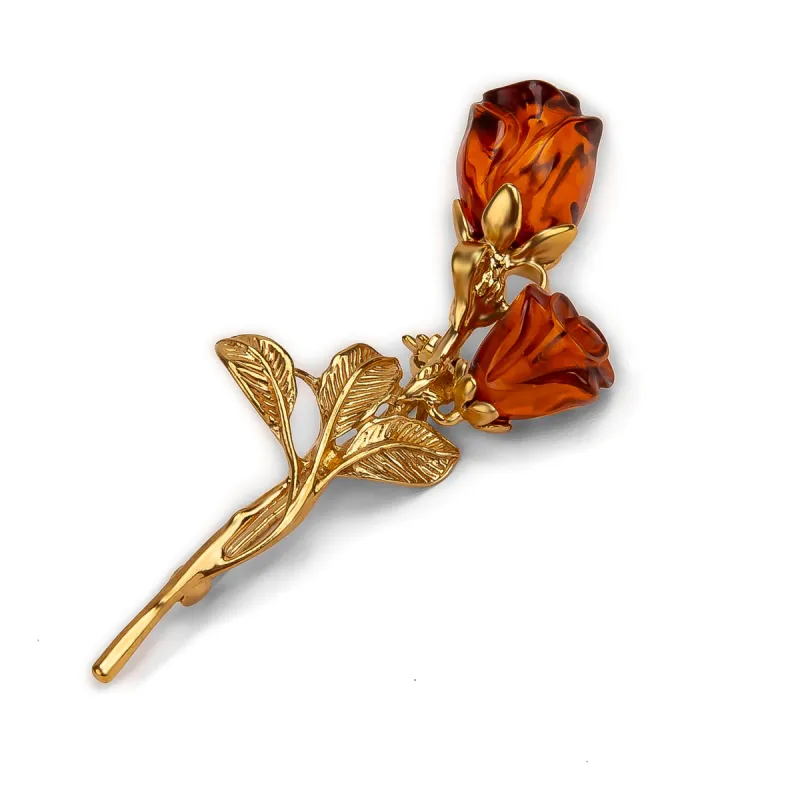 Romantic English Rose Flower Brooch in Silver with 24ct Gold and Cognac Amber sold by Henryka