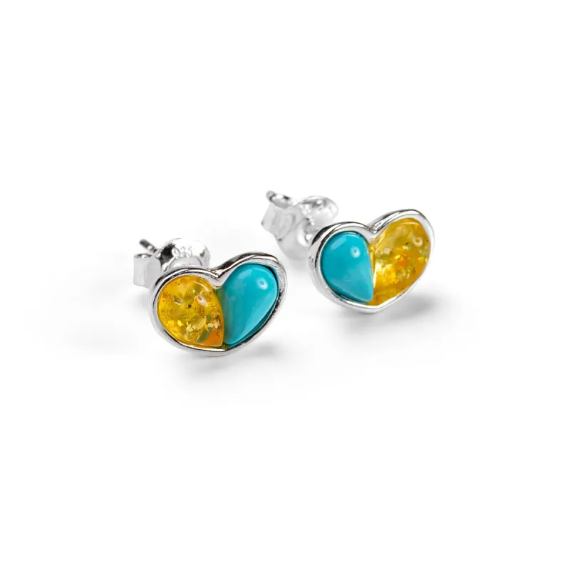 Heart Stud Earrings in Silver, Turquoise and Yellow Amber sold by Henryka