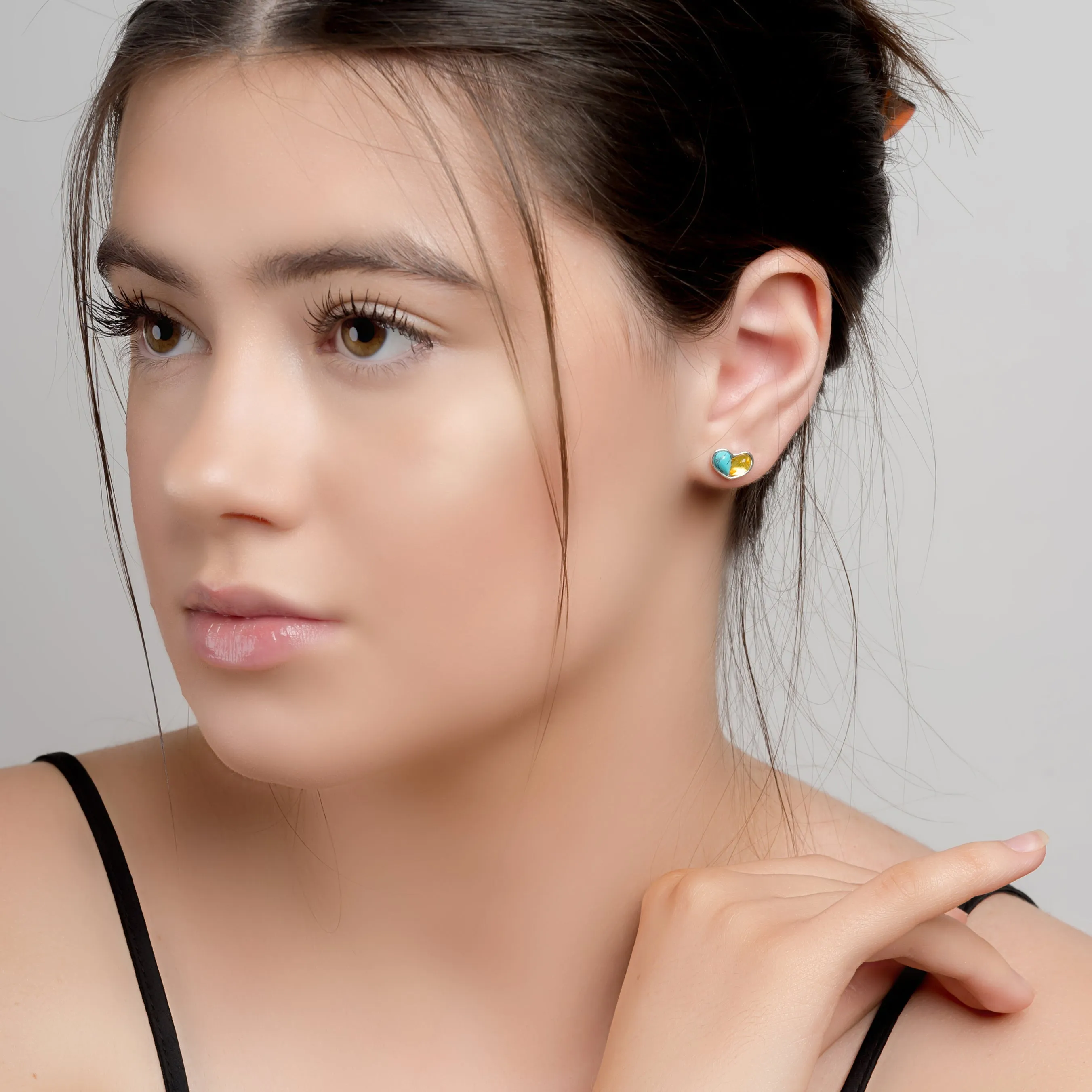 Heart Stud Earrings in Silver, Turquoise and Yellow Amber sold by Henryka product image thumbnail 3