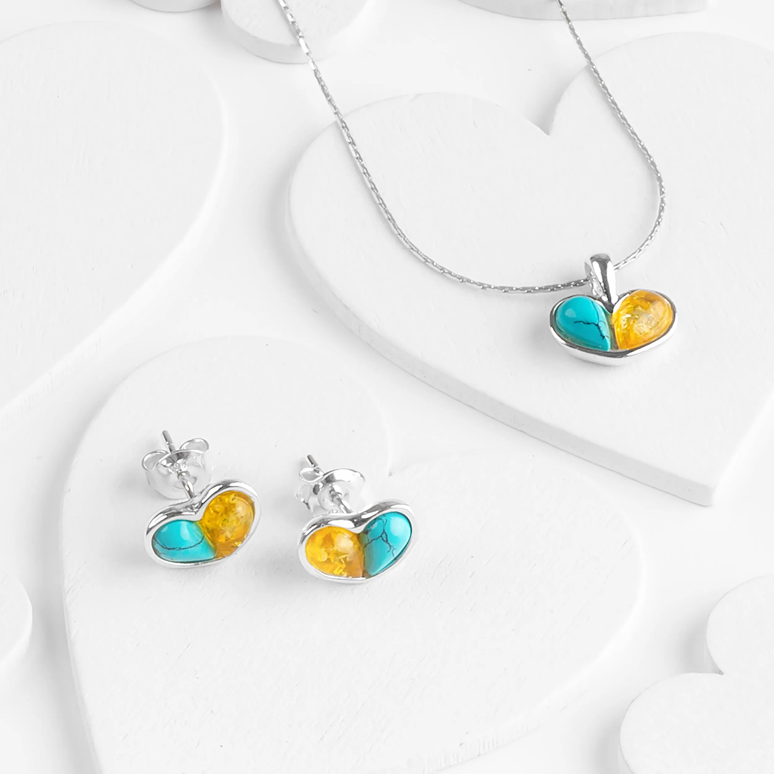 Heart Stud Earrings in Silver, Turquoise and Yellow Amber sold by Henryka product image thumbnail 4