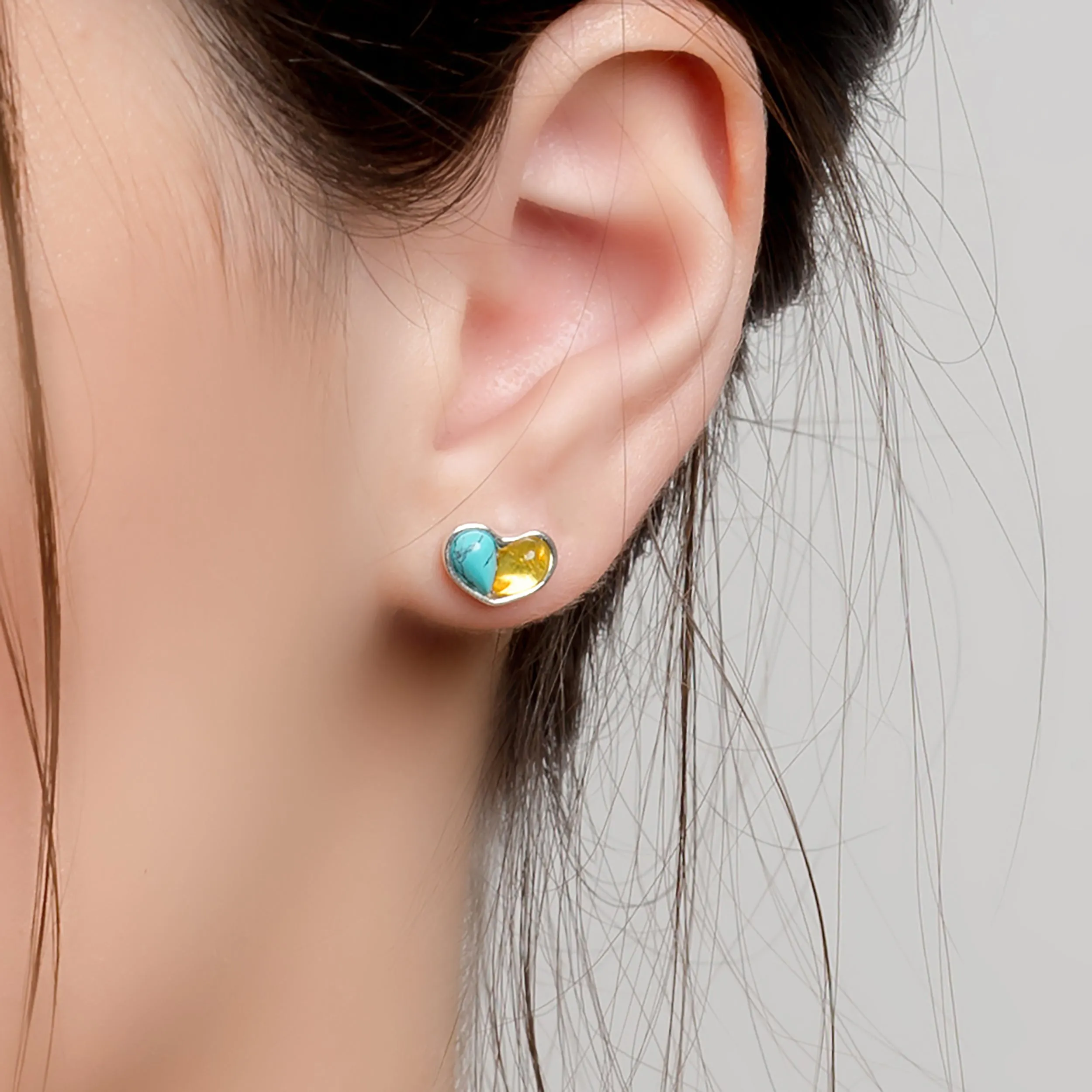 Heart Stud Earrings in Silver, Turquoise and Yellow Amber sold by Henryka product image thumbnail 2