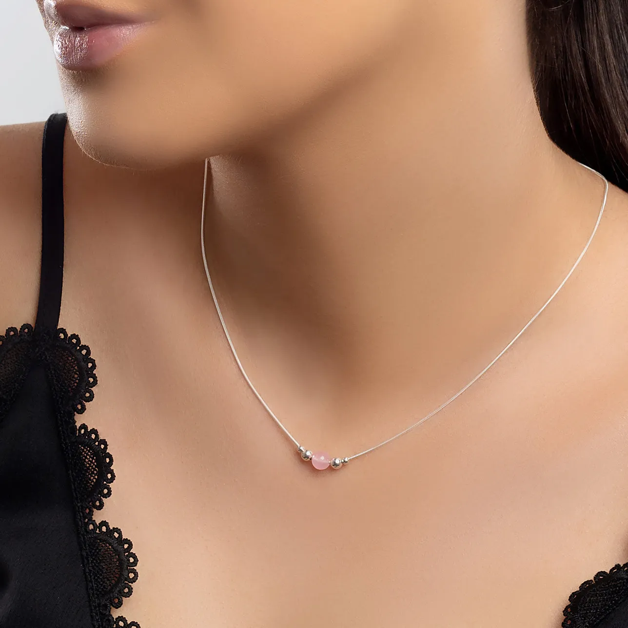 Delicate Single Stone Necklace in Silver and Rose Quartz sold by Henryka product image thumbnail 2