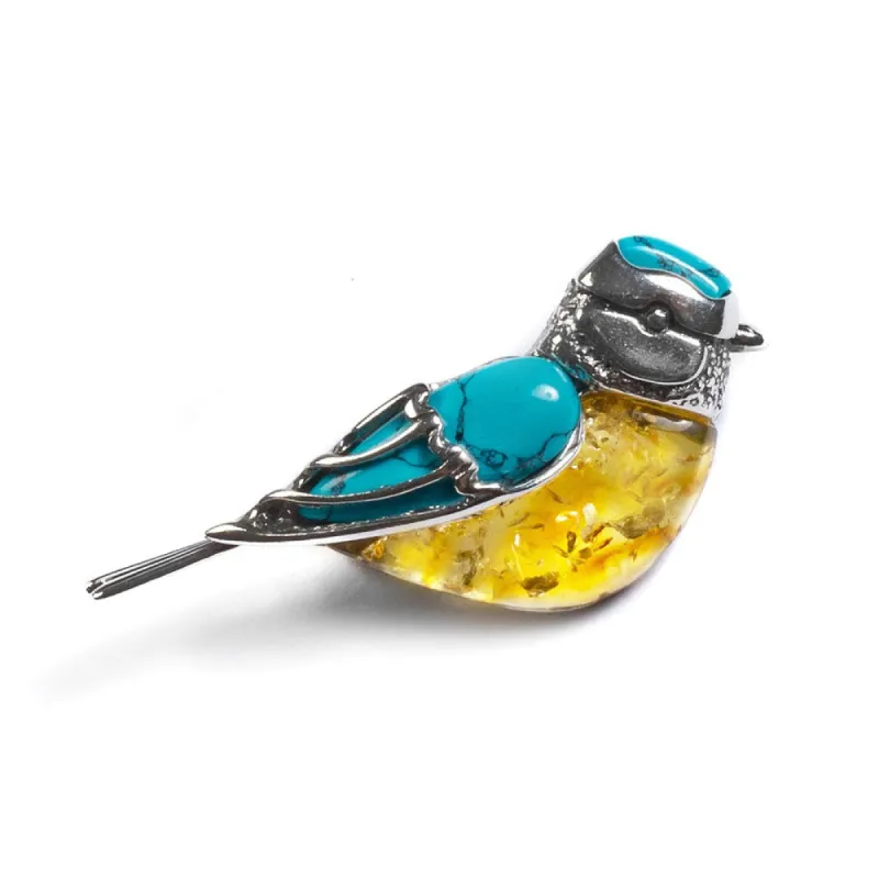 Blue Tit Brooch in Silver, Turquoise and Yellow Amber sold by Henryka