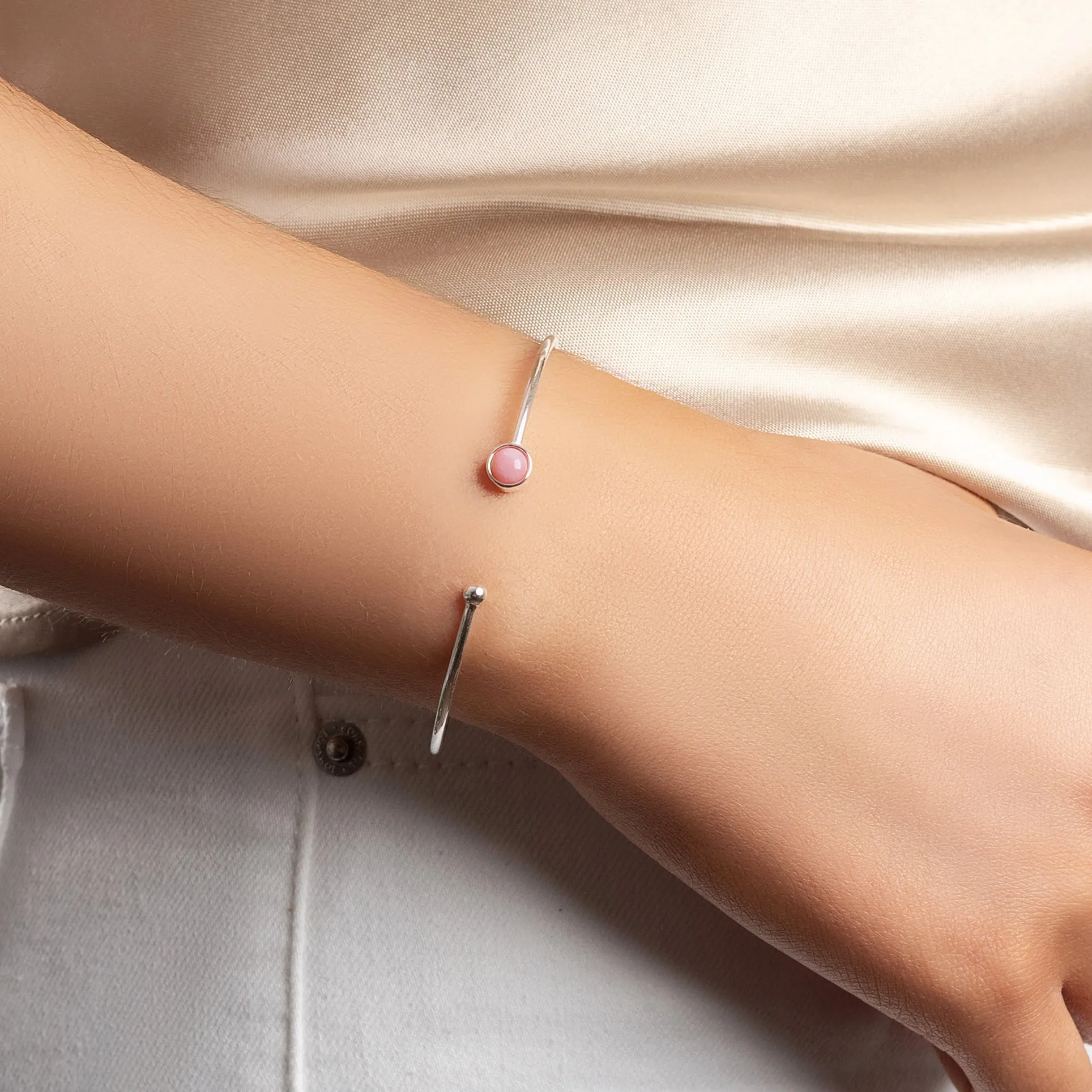 Simple Solo Cuff Bangle in Silver and Pink Peruvian Opal sold by Henryka product image thumbnail 2