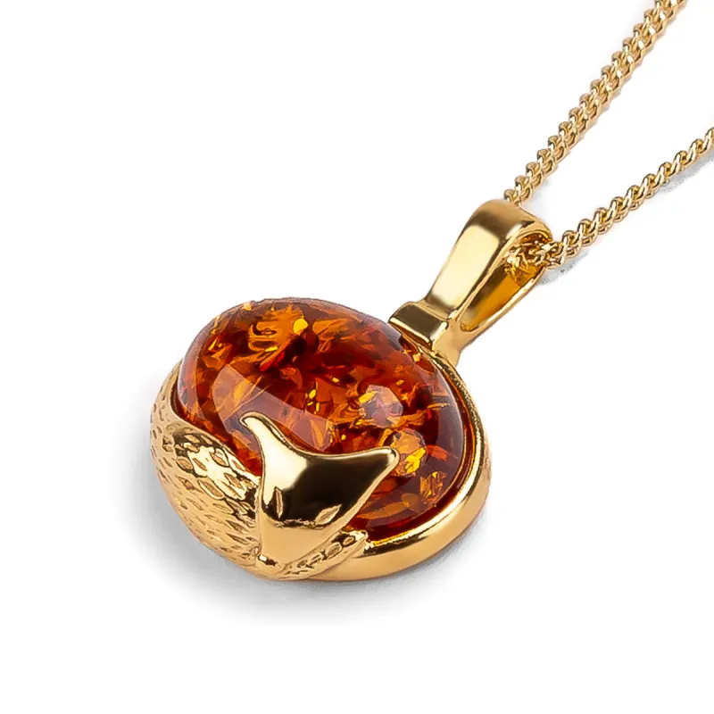 Sleeping Fox Necklace in Silver with 24ct Gold & Cognac Amber sold by Henryka