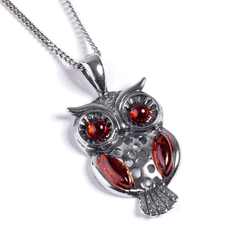 Wise Owl Necklace in Silver and Amber sold by Henryka