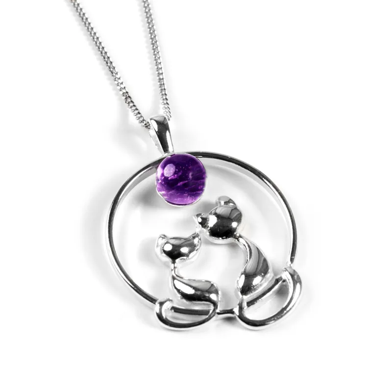 Cuddling Cats Necklace in Silver and Amethyst sold by Henryka