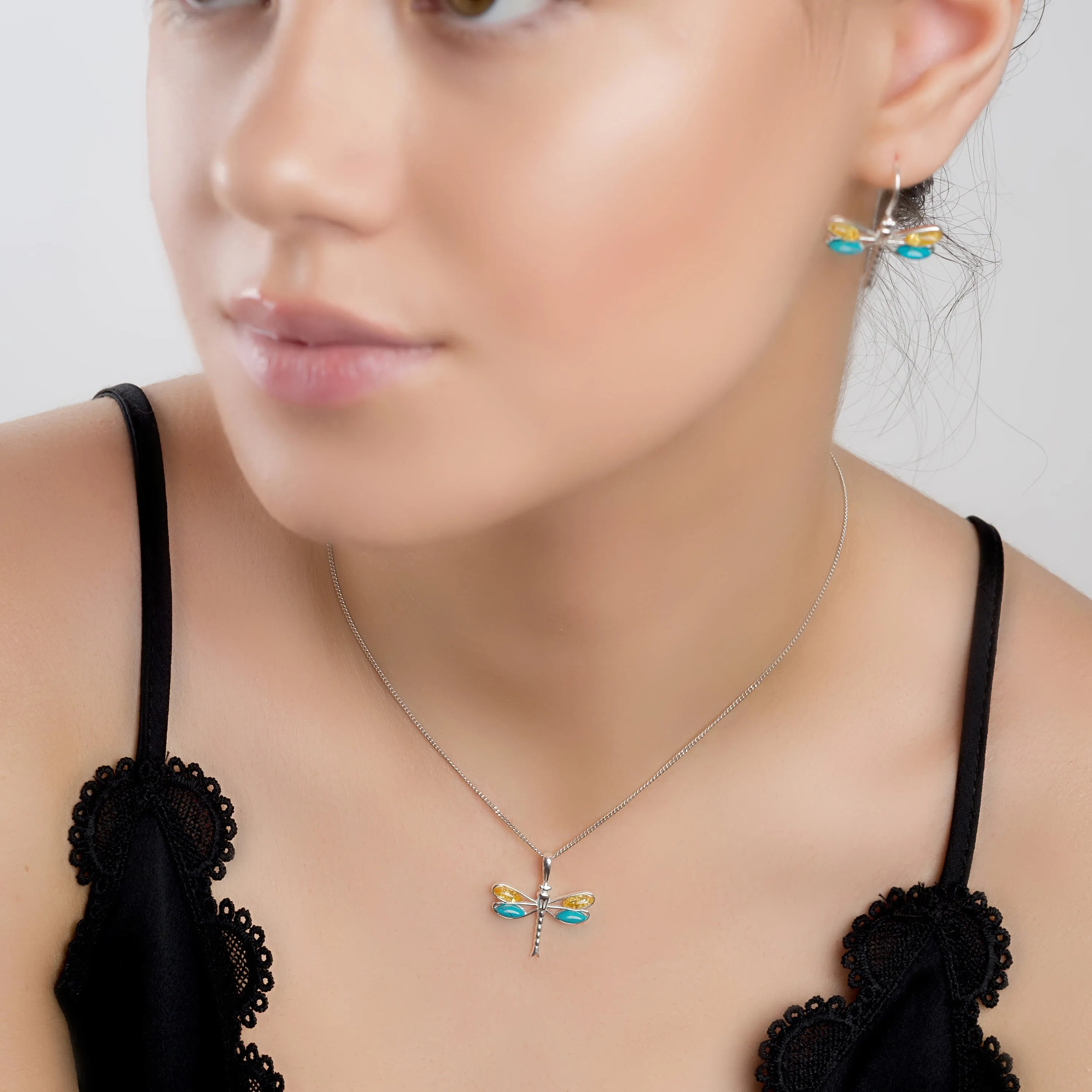 Dragonfly Necklace in Silver, Turquoise and Amber sold by Henryka product image thumbnail 3