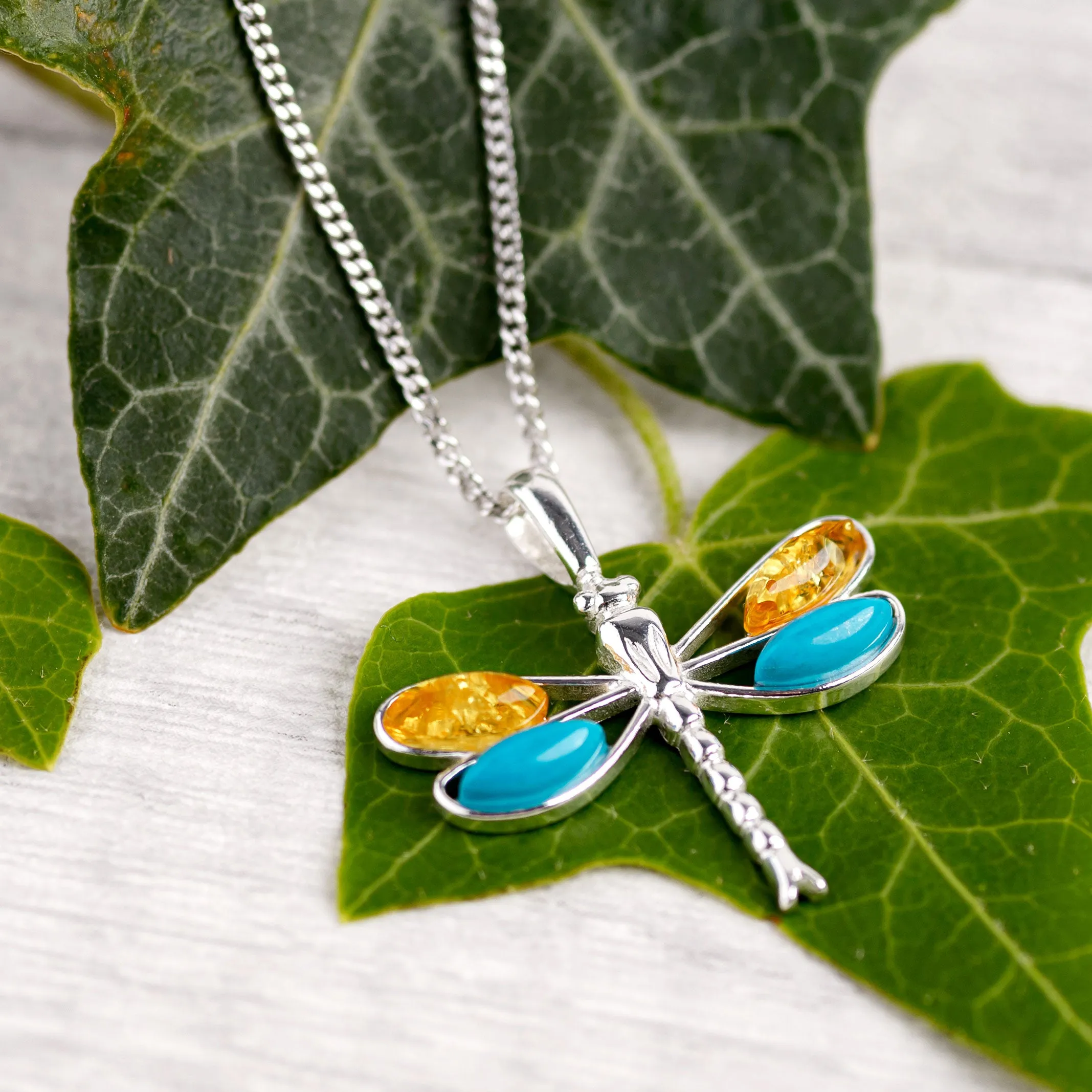 Dragonfly Necklace in Silver, Turquoise and Amber sold by Henryka product image thumbnail 4